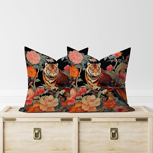 Miniatura 2 de Asian Style Throw Pillow Case Animal Tiger Chinoiserie Floral Pillow Case Traditional Chinese Set of 2 24x24in Decorative Pillow Home Cotton Linen