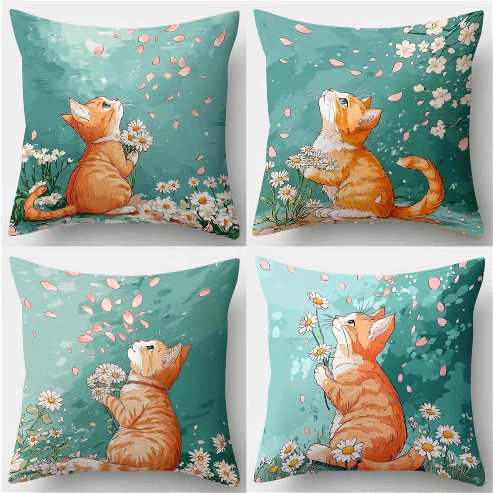 Fundas de Cojines 60x60 cm, Juego de 4 Fundas para Cojines Decorativas de Lino, Gato Margarita, Fundas de Almohada para Sofá, Silla y Decoración de Interiores