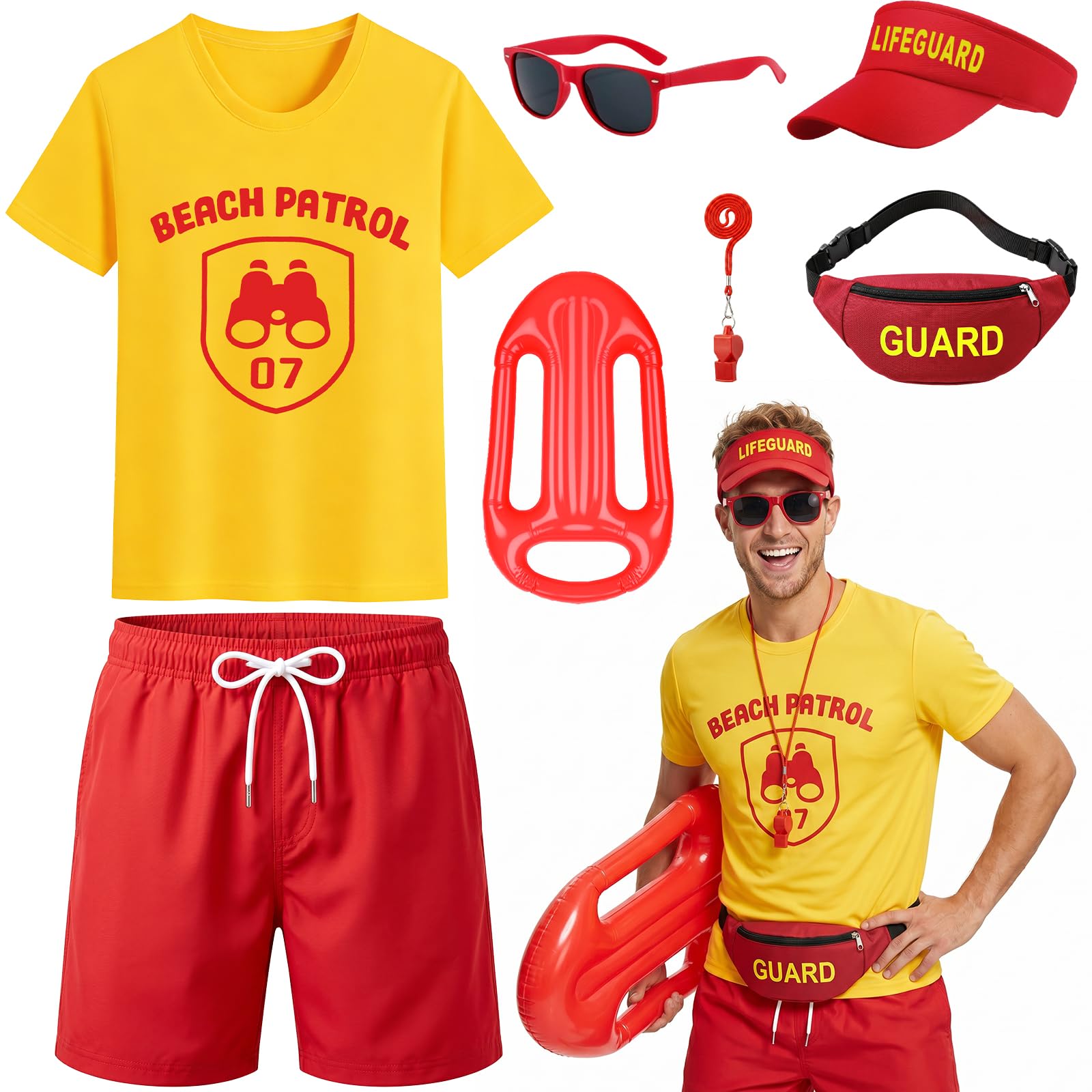 7Pcs Lifeguard Costume Set for Adults, Beach Patrol Fancy Dress with T-Shirt Shorts Hat Fanny Pack Whistle Sunglasses Inflatable Float, Baywatch Style Outfit for Halloween Cosplay Pool Party Stag
