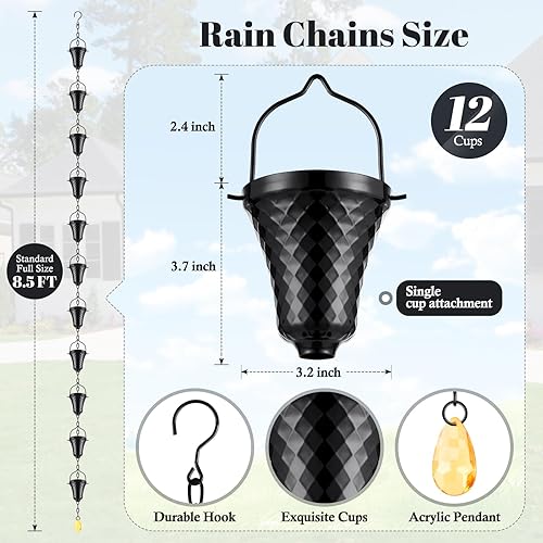 Miniatura 3 de HANAYARD Cadenas de lluvia para canaletas exteriores con recubrimiento de polvo negro, desviador de lluvia de metal, decoración para exteriores, 8.5