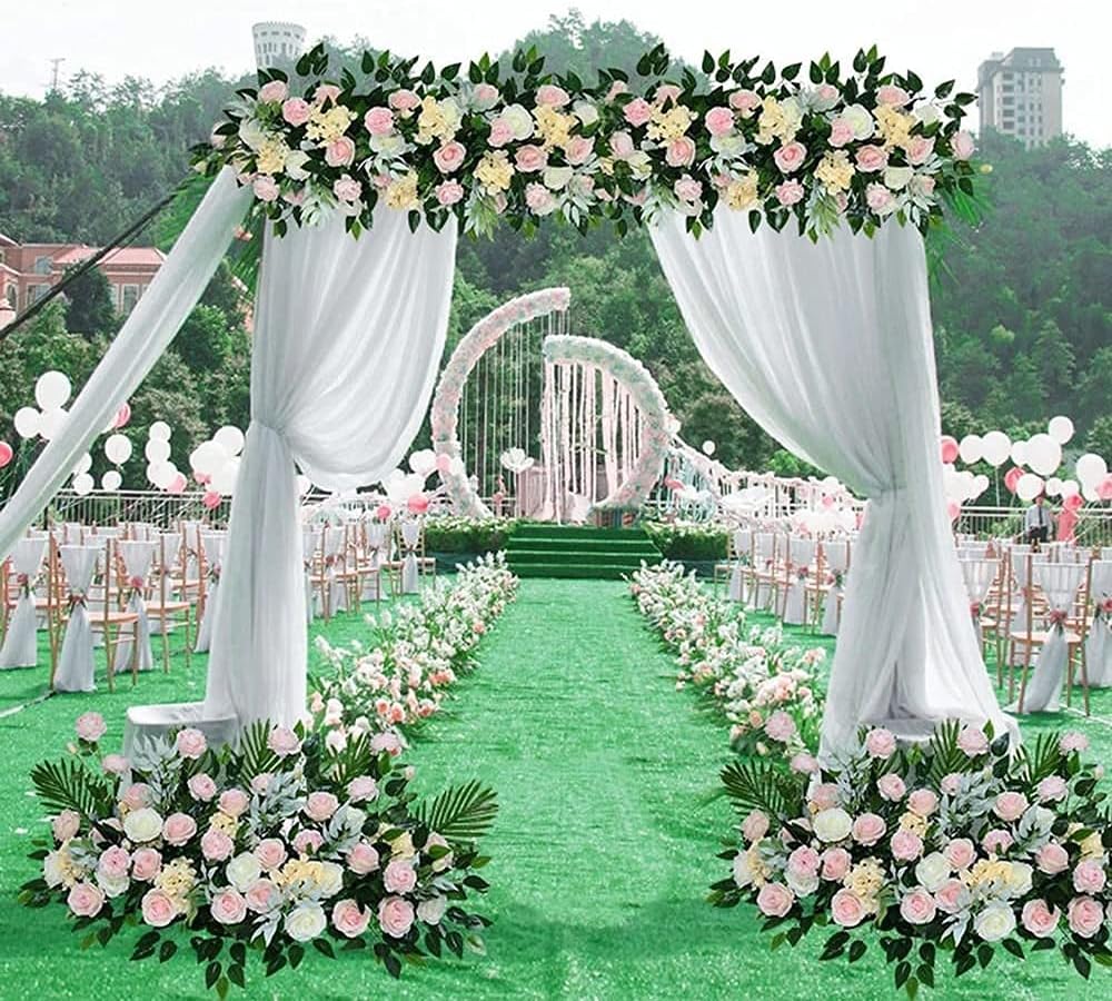 Adjustable Curved Pipe and Drape Backdrop Support Kit w/Weighted Steel Base Telescopic Pole Pipe Drape Balloon Column Arch Curtain Frame Set Design for Ceremony Birthday Party (10ft X 10ft, Sliver)
