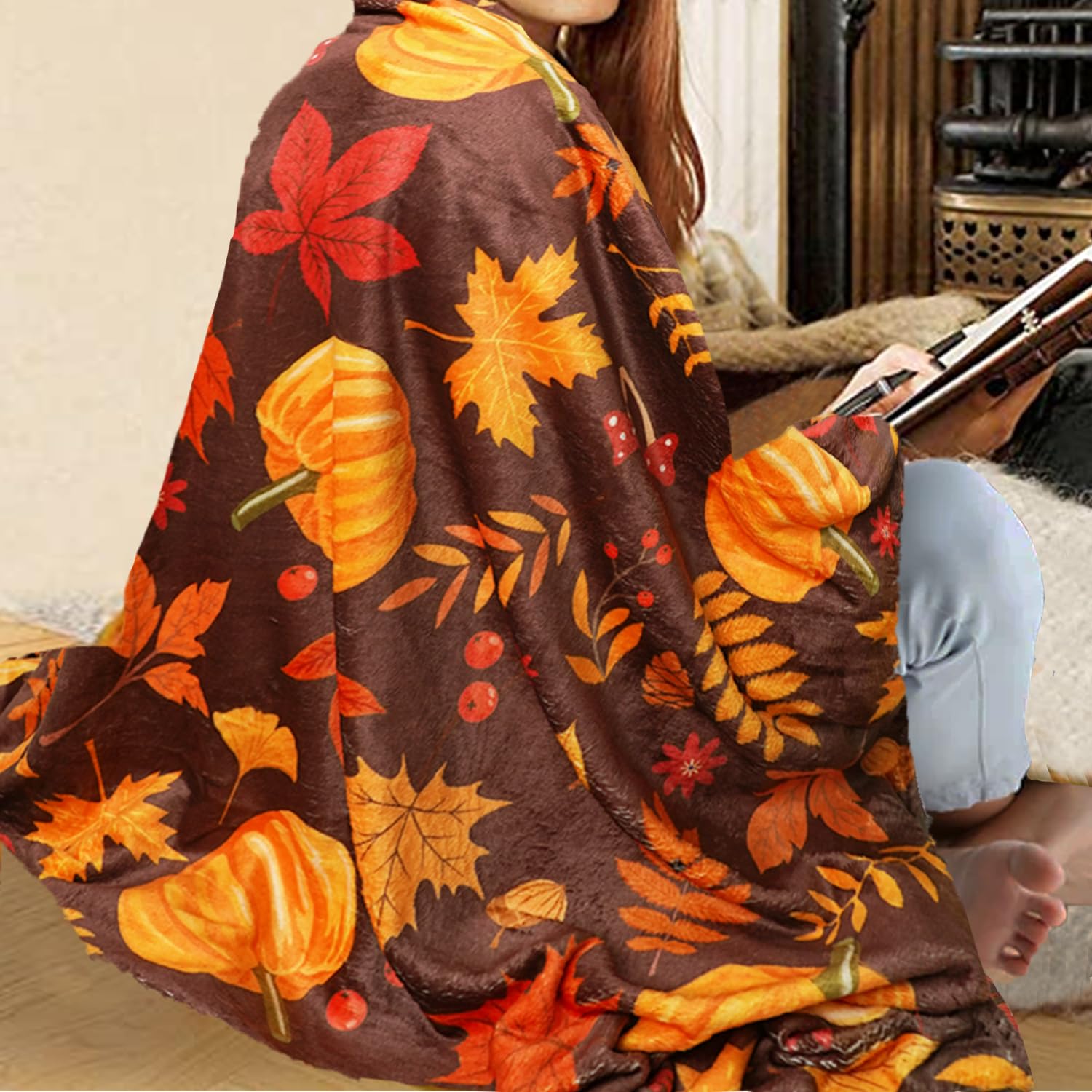 ABAKUHAUS Coperta in morbido pile di flanella con foglie autunnali, stile doodle con forme grafiche delle foglie, 175 x 230 cm, senape bianca e corallo scuro