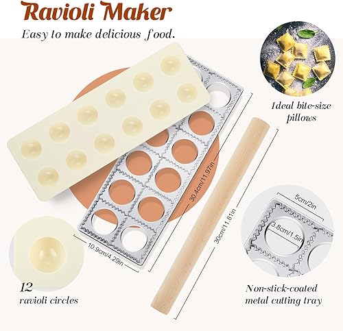 Miniatura 2 de Geetery Juego de moldes para ravioles de 8 piezas, 12 agujeros, prensa para hacer ravioles, 37 agujeros, molde para hacer albóndigas, cortador de