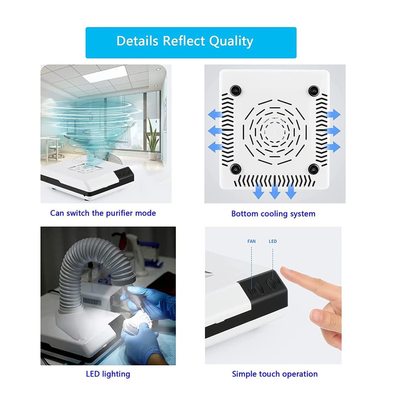 Aspirapolvere portatile da scrivania, collettore di polveri da laboratorio con tubo retrattile e LED, girevole a 360°, per laboratorio odontoiatrico e salone di bellezza