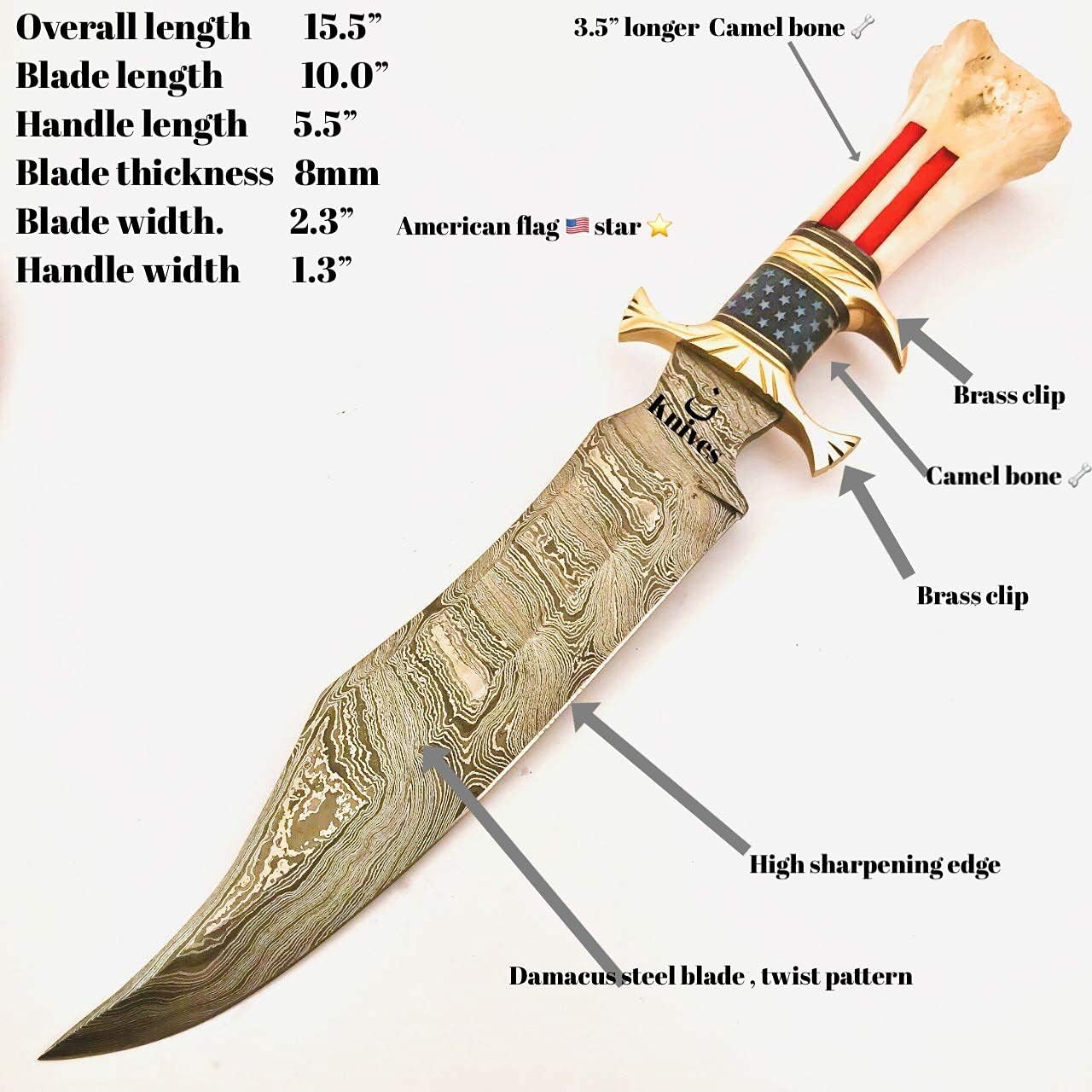 'NoonKnives : Custom Hand Made Damascus Steel Collectible GUTT Knife Handle Material Bone USA Flag Acid Aching (Star)