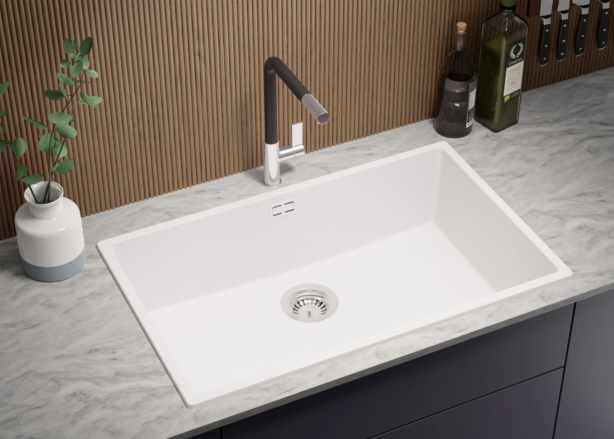 PRIMAGRAN Lavello da Cucina Bianco 76x47cm, Lavandino in Granito a 1 vasca + Sifone Classico, Lavabo da Cucina Incasso al Mobile 80cm - London Slim S478