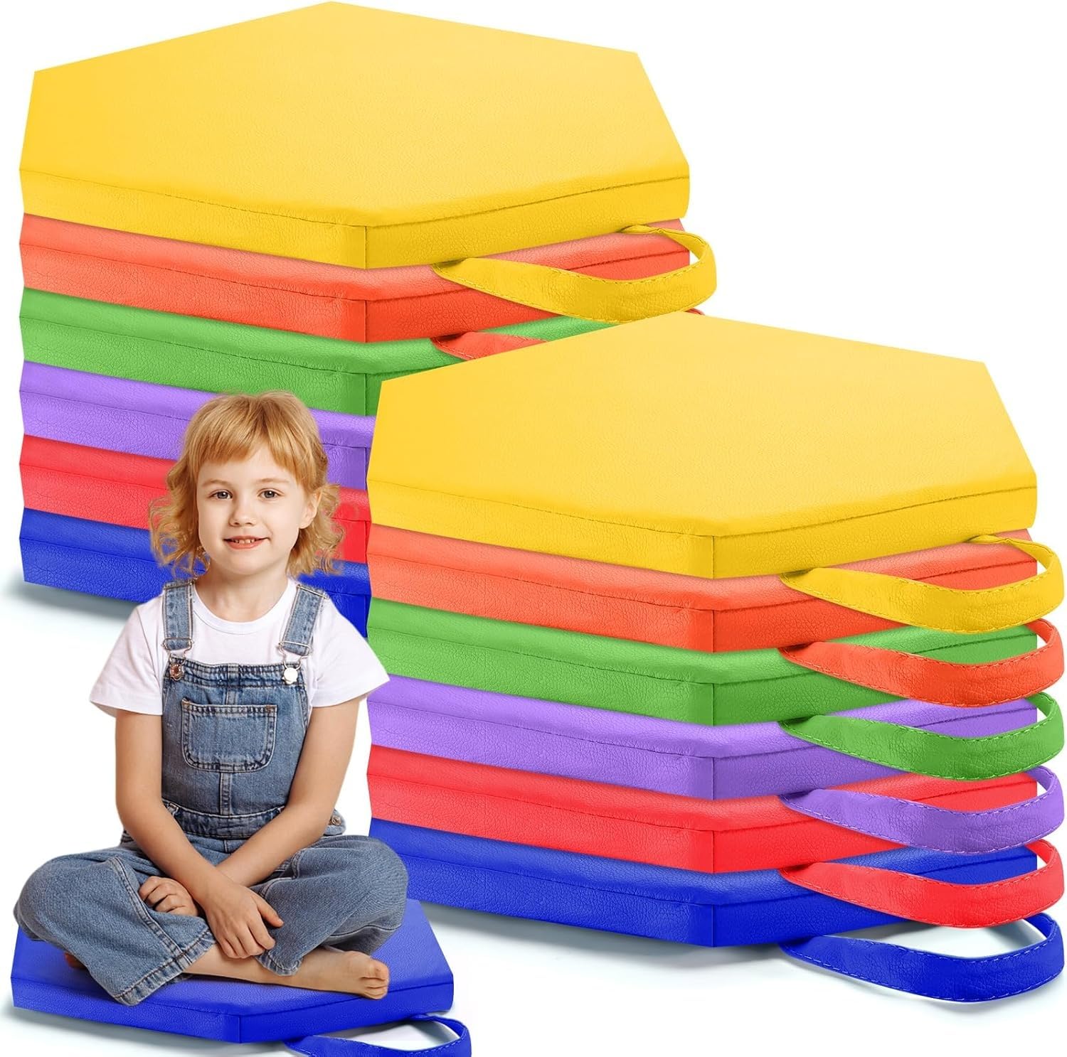 Set da 12 cuscini da pavimento da 30 cm per aule scolastiche: sedute flessibili con manici; cuscini esagonali da pavimento per bambini, neonati, asili nido e scuole materne