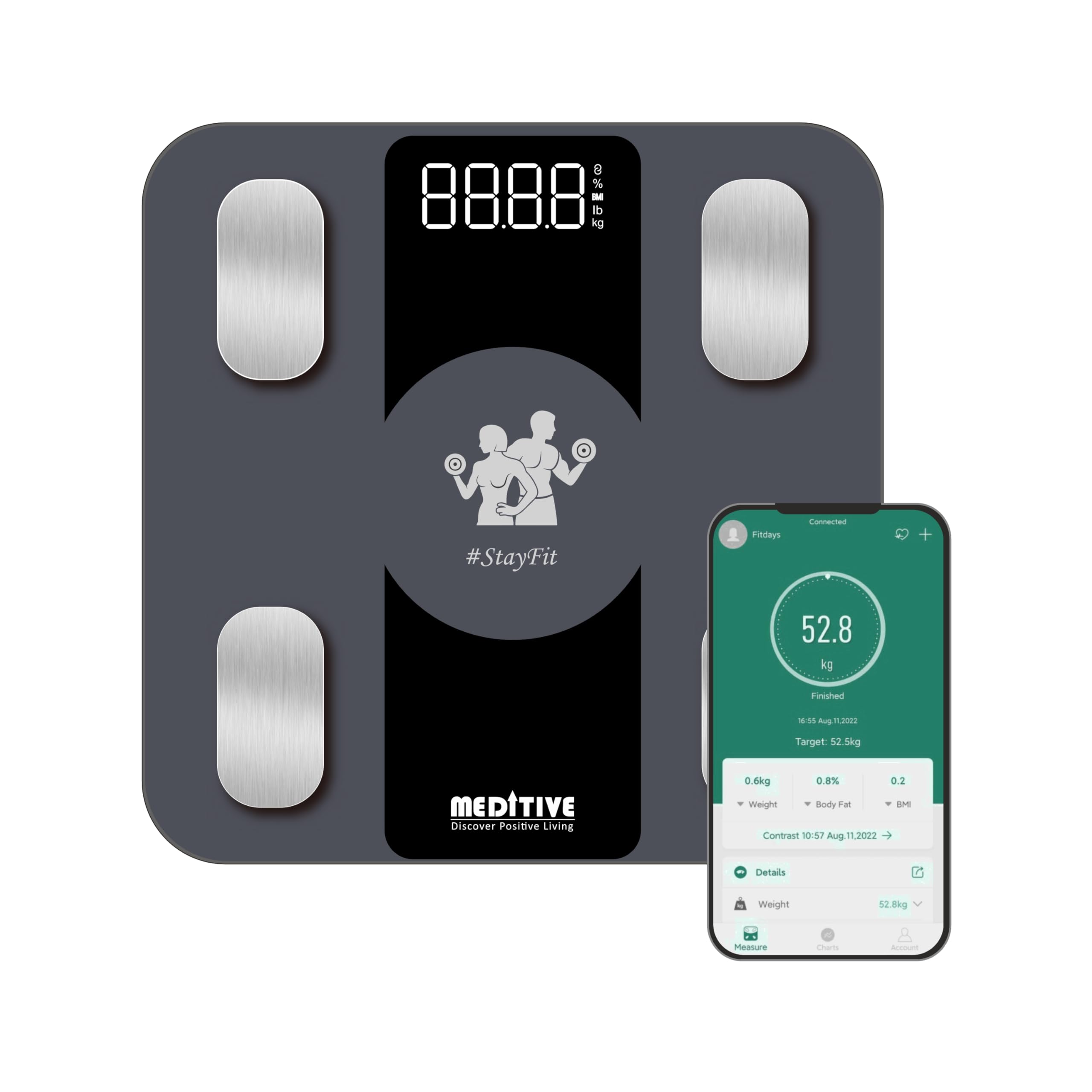 MEDITIVE Digital Human Weight Scale, Anti-Slip Fiber Body Weighing Machine 180 Kg (Black)