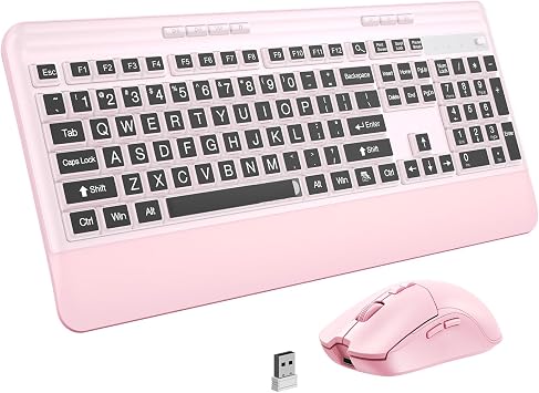 KOPJIPPOM Silent Wireless Keyboard and Mouse Combo - Keyboard with Large Print Cover, 2.4GHz Full-Sized Ergonomic Keyboard with Wrist Rest and Mouse for Laptop, PC, Notebook, Desktop
