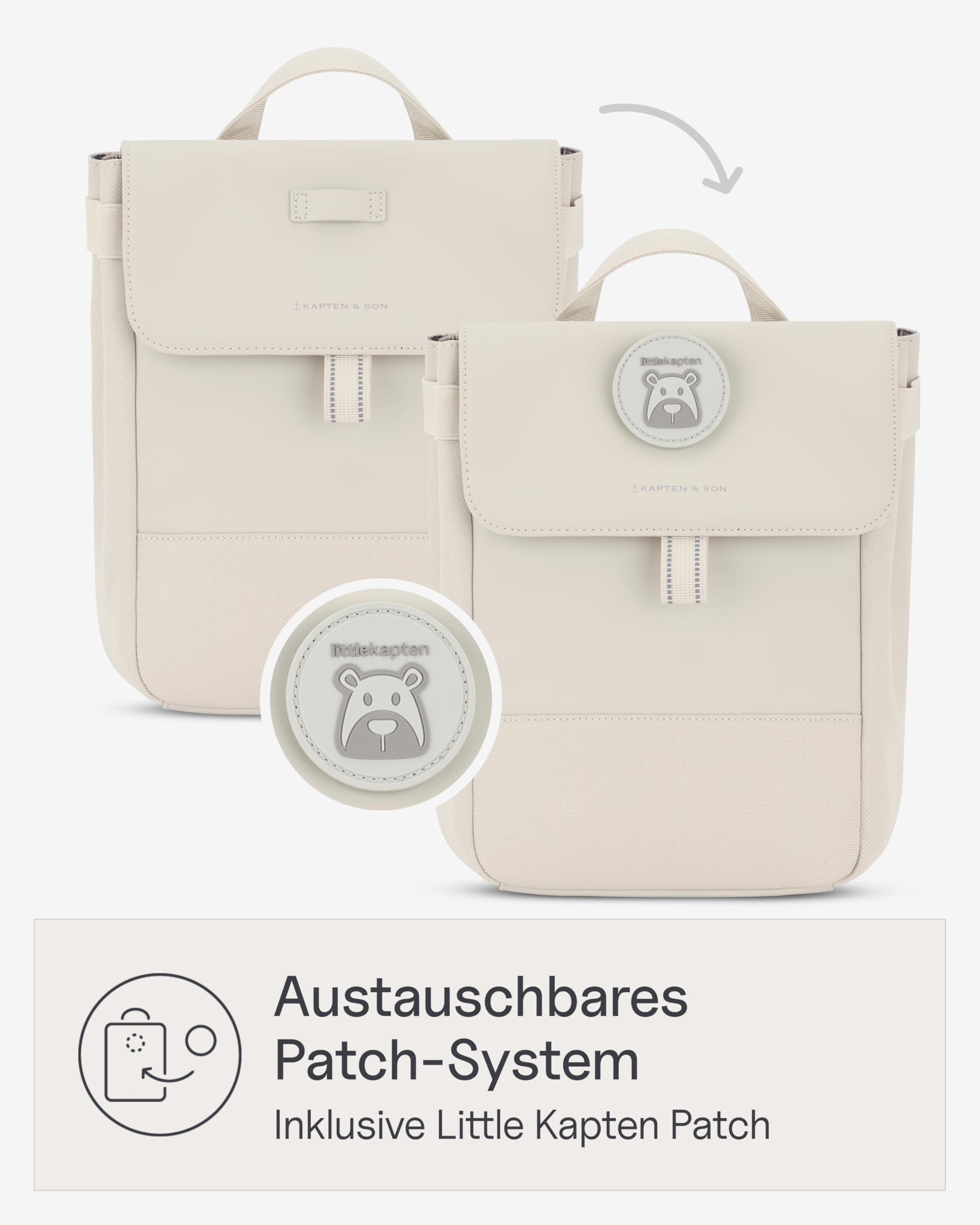 Kapten & Son Rucksack Fyn Kids Sandstone| Kinderrucksack Beige für Kita & Freizeit (4,5 L Volumen; DIN A5) | austauschbare Patches, reflektierende Details, Brustgurt | Jungen & Mädchen (2-5 Jahre)
