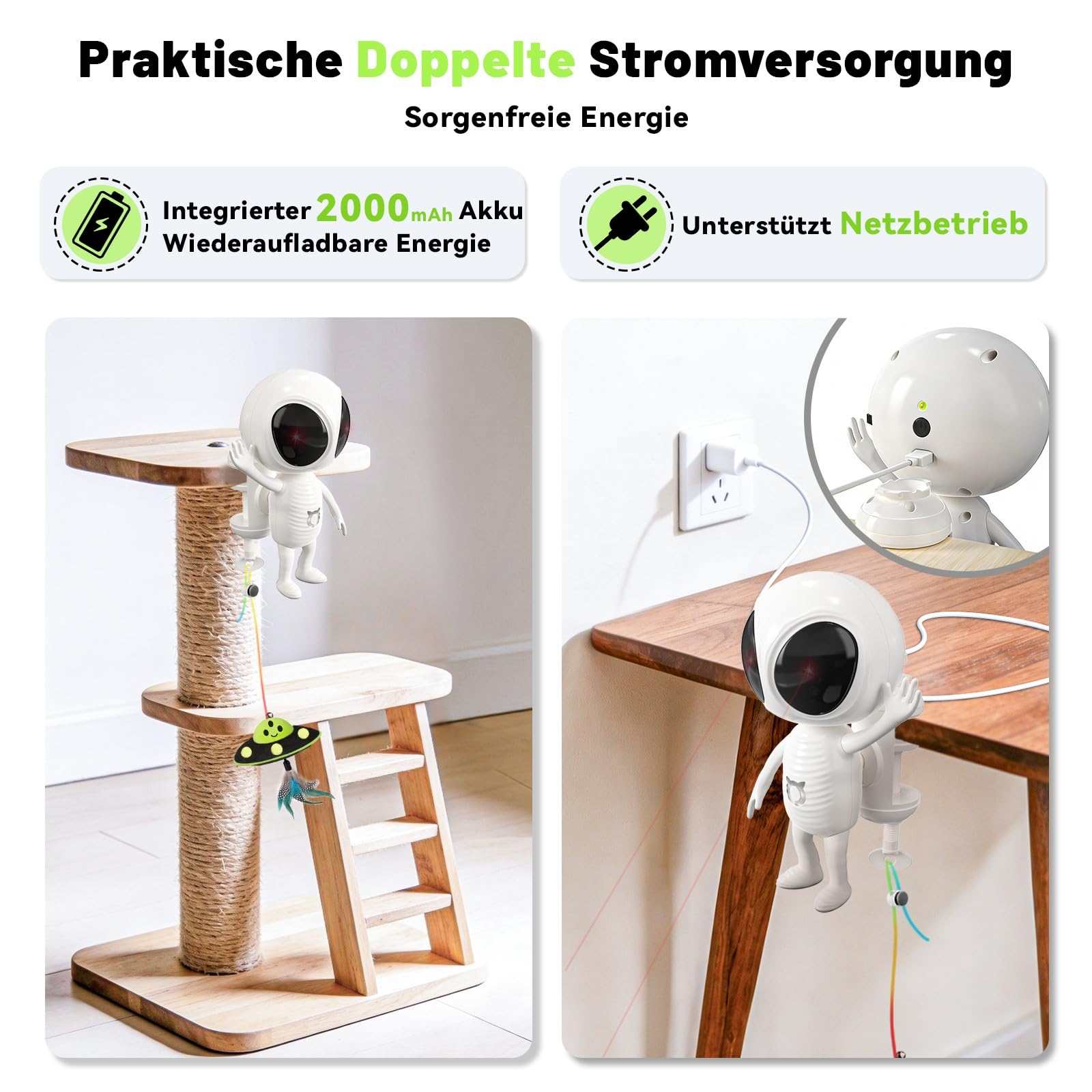 GoldenSun Interaktives Katzenspielzeug, 2-in-1 Automatisch mit Dual-Projektion & Katzenminze-UFO-Anhänger für Wohnungskatzen, Bewegungsaktiviert, Wiederaufladbar, 4 Spielmodi, Klemmbefestigung, Weiß