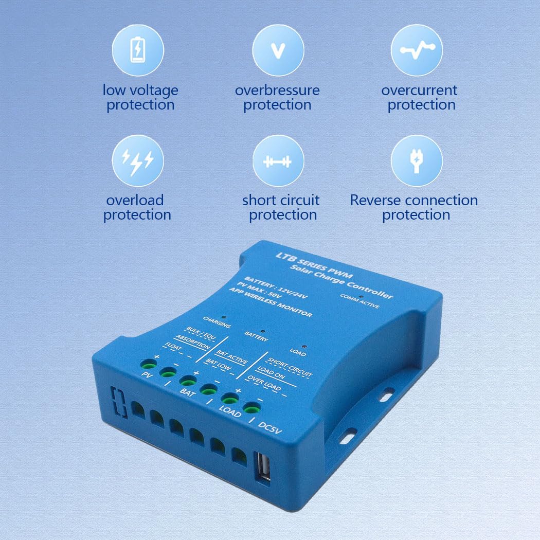 Régulateur de charge solaire Bluetooth 20A 12V Régulateur de charge solaire Y&H 12V 24V Contrôleur de charge solaire intelligent PWM avec port USB PV:50V pour batteries au plomb, LiFePO4
