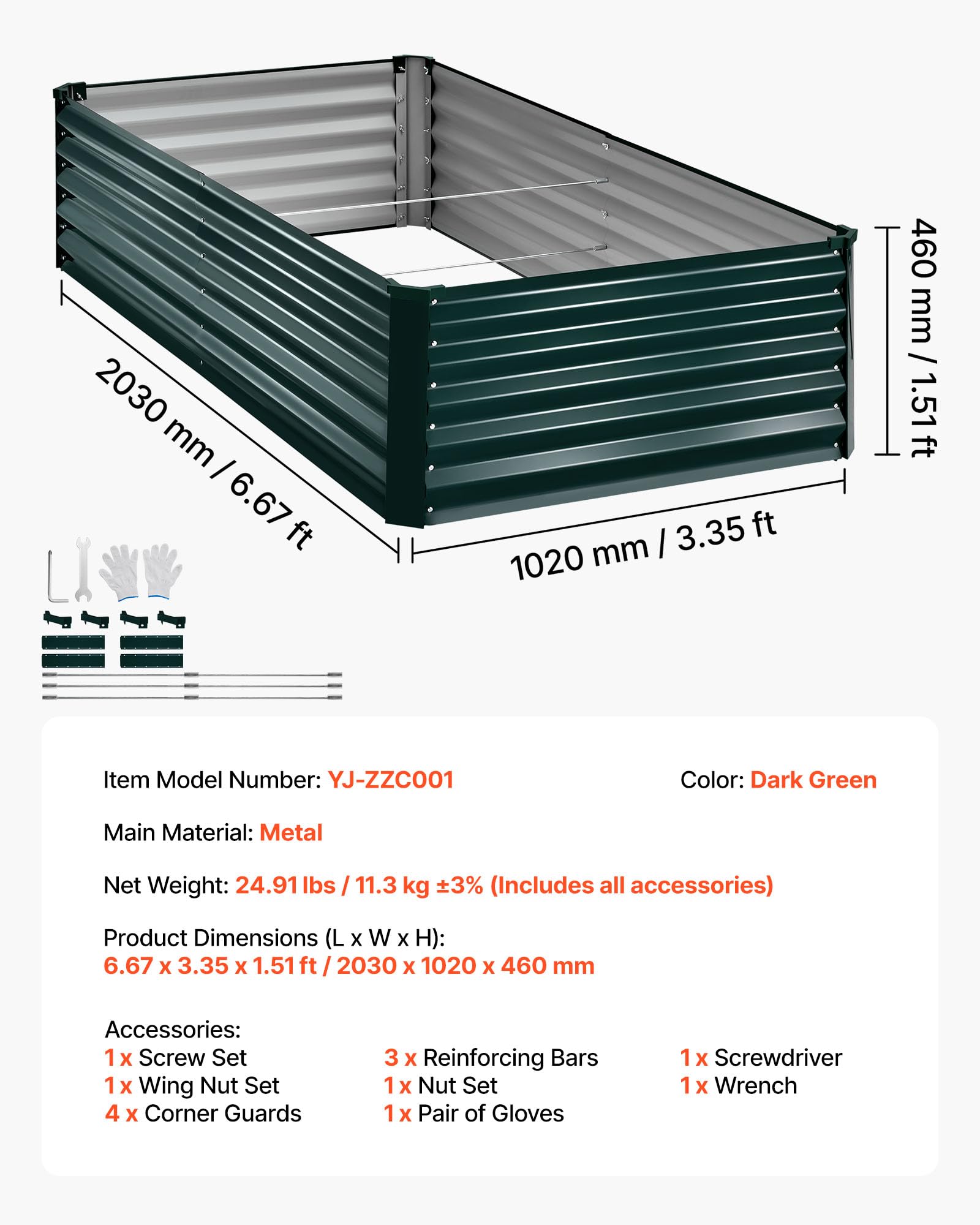 VEVOR Doniczka z ocynkowanej metalowej podwyższonej wysokości 2030 x 1020 x 460 mm, kwietnik ogrodniczy prostokątny na zewnątrz donica podnosząca rośnie kwiaty warzywa rośliny warzywne ogród balkon