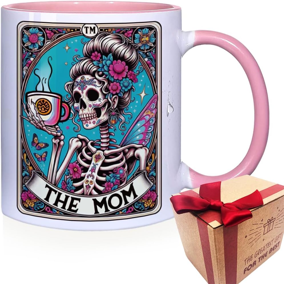 The Mom Tarot Card Skull Mug Gifts for Mom / Funny Halloween Skeleton Moms Gift / Tarot Gifts for Coffee Lovers / Mama Witchy Gift for Women / Goth Birthday Christmas Cup for Mommy/Skull Cup 11oz Pink