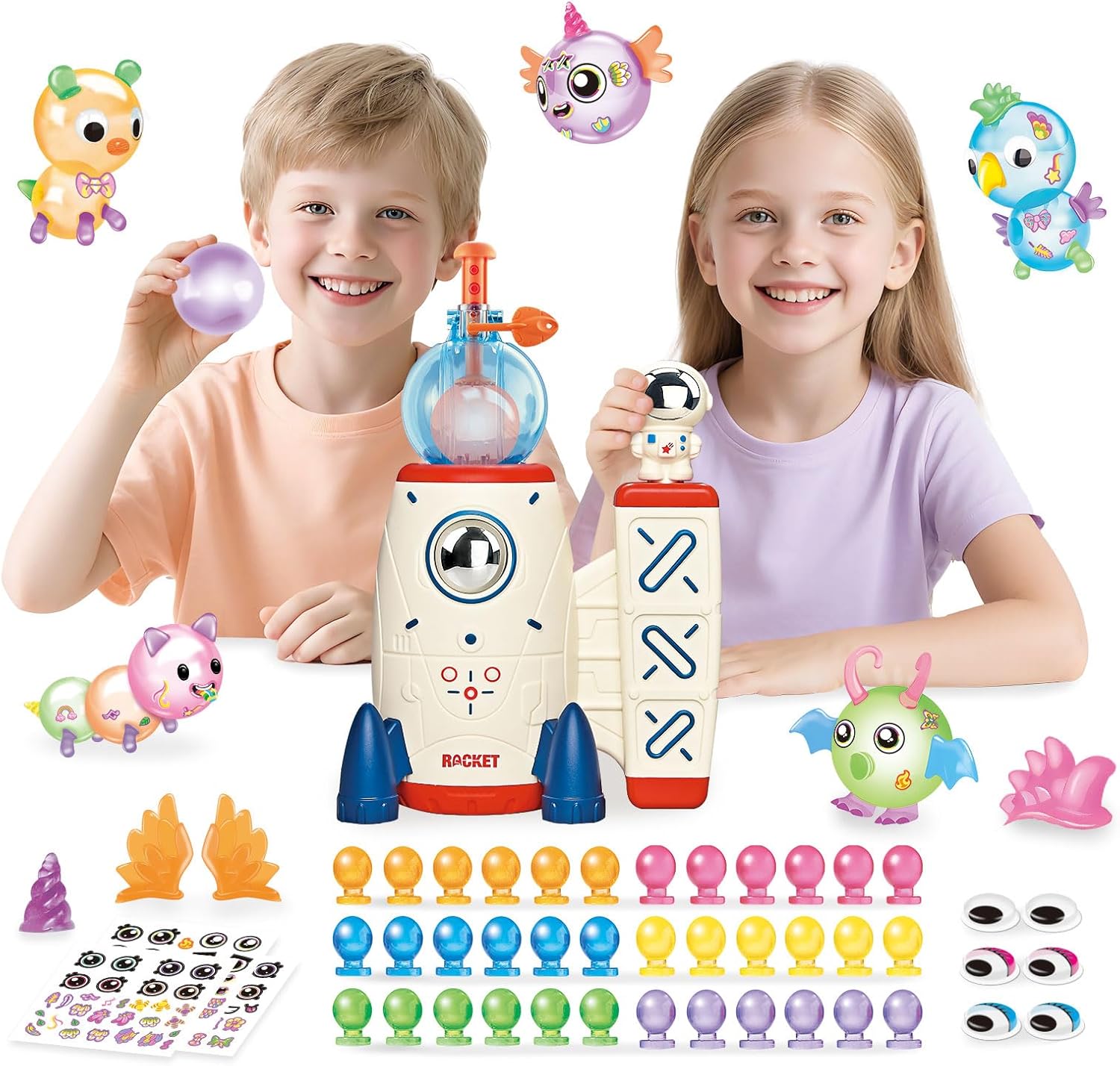 Space Rocket Sticky Balloon with Pump - 219 Pcs DIY Balloon Animals Kit, Creative Sticky Balloon Maker Toy for Kids with Strickers, Accessories, Birthday Gifts for Boys Girls Ages 3+