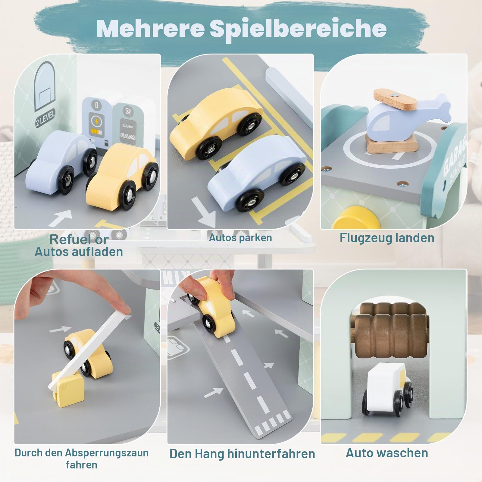 HOMASIS Garagenset mit 3 Etagen, Parkplatz aus Holz mit 4 Autos, Hubschrauberlandeplatz, Tankstelle, Aufzug, Autowäsche, Spielzeuggarage für Kinder ab 3 Jahren, 50 x 40 x 47 cm, Grau