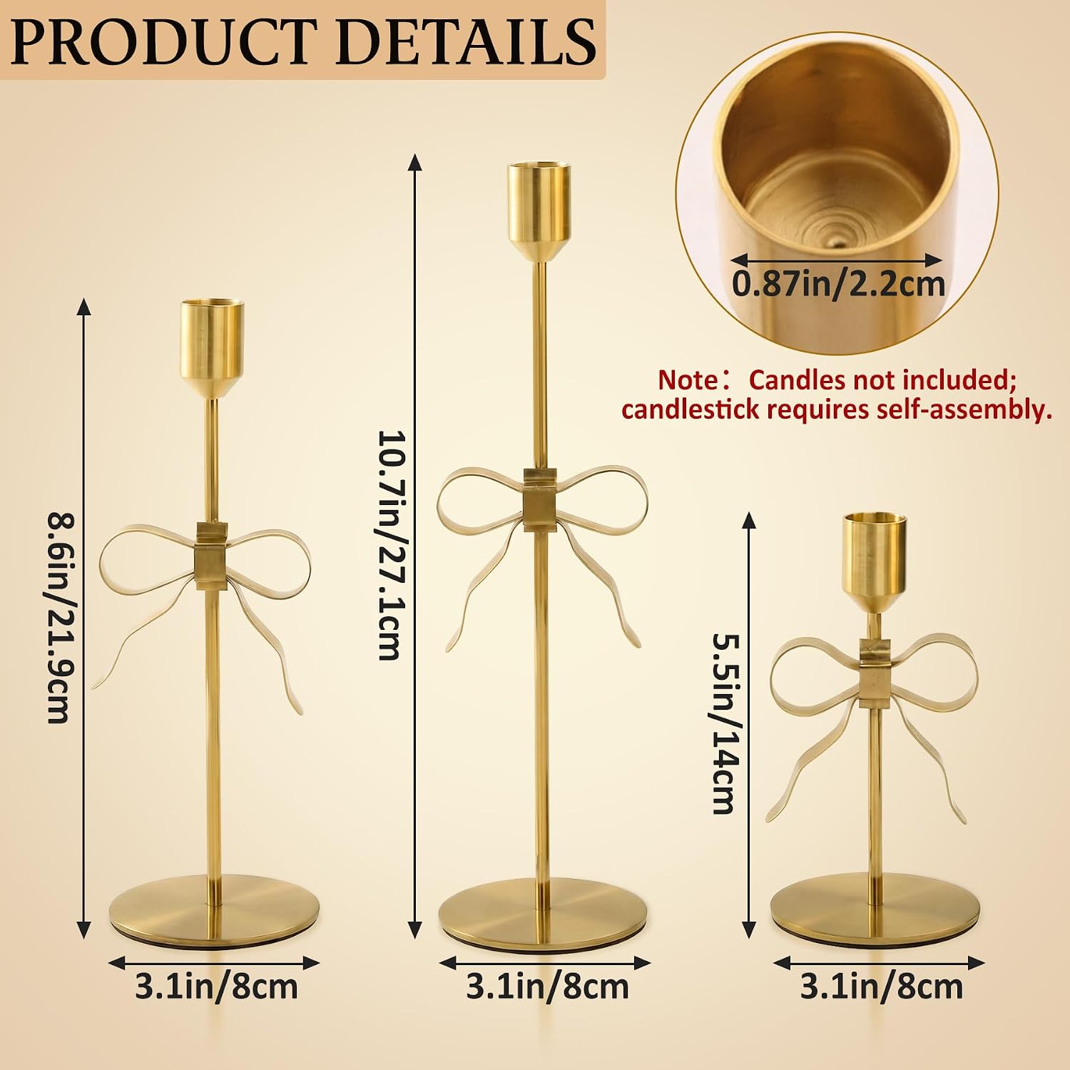 Bow Candle Holder - Set of 3 Metal Gold Bow Candlestick Holder, Modern Decorative Taper Candle Holder for Centerpiece Dining Table Wedding Holiday Housewarming Gift, Gold Finish (Style1-Gold)