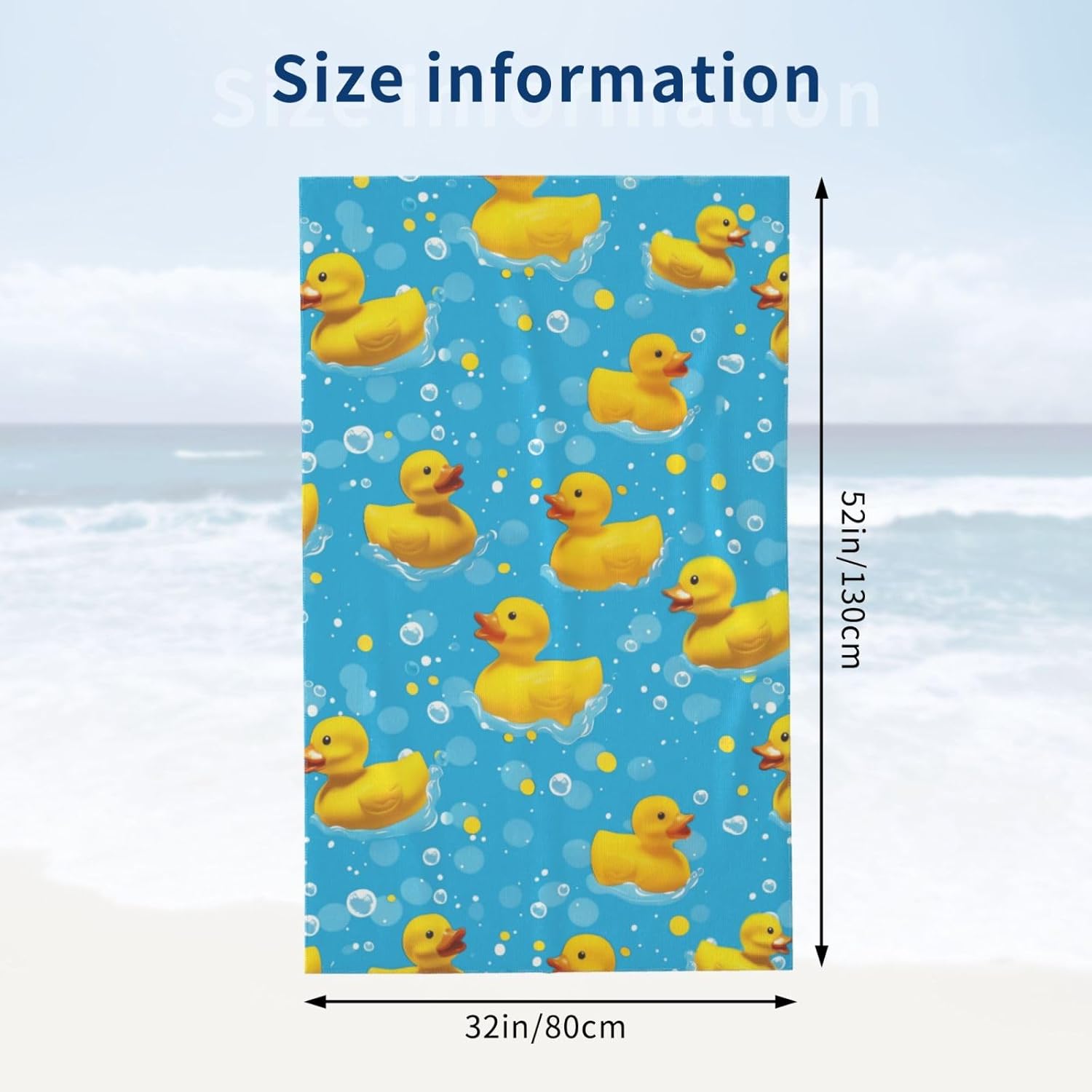 Rubber Duck Beach Towel, 32x52in Microfiber Quick Dry Bright Yellow Duckies Bubbles Blue Bath Towels, Soft Lightweight Oversized Sand Free, for Travel Pool Swimming Gym Decor, Gifts