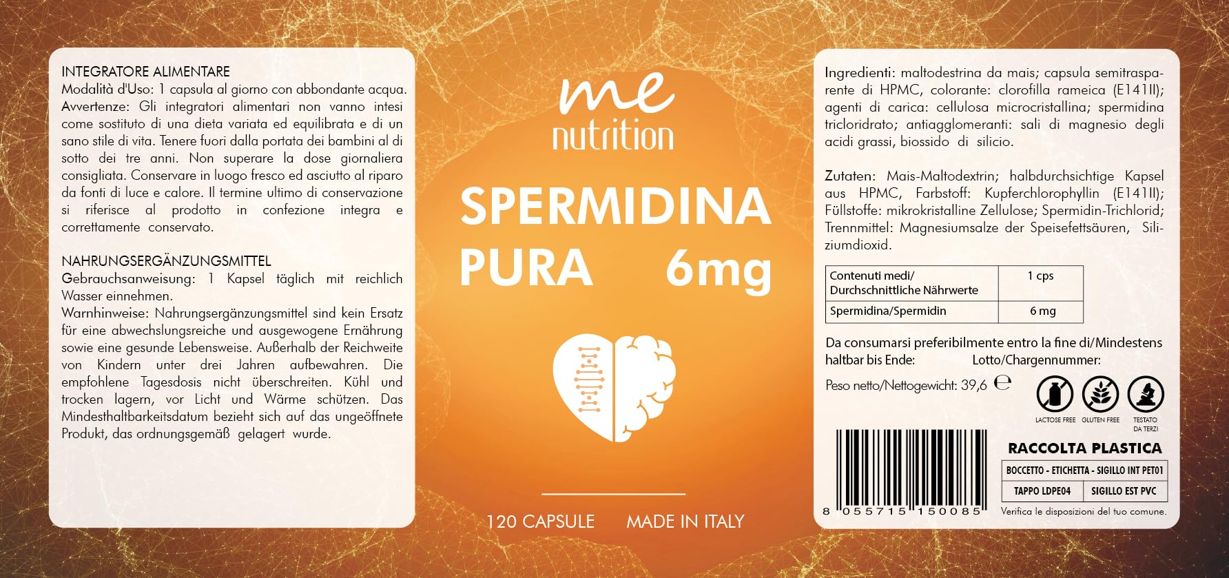 Spermidina Pura Alto Dosaggio | 6mg per dose | 120 capsule | Supporto Cellulare Anti-Age con Benefici per Cuore, Cervello e Longevità Made in Italy | Me Myeasy