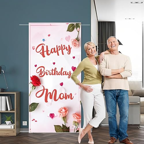 Miniatura 5 de Labakita Cartel de puerta de feliz cumpleaños para mamá, decoraciones de cumpleaños para mamá, pancarta de puerta de cumpleaños para mujer, telón de