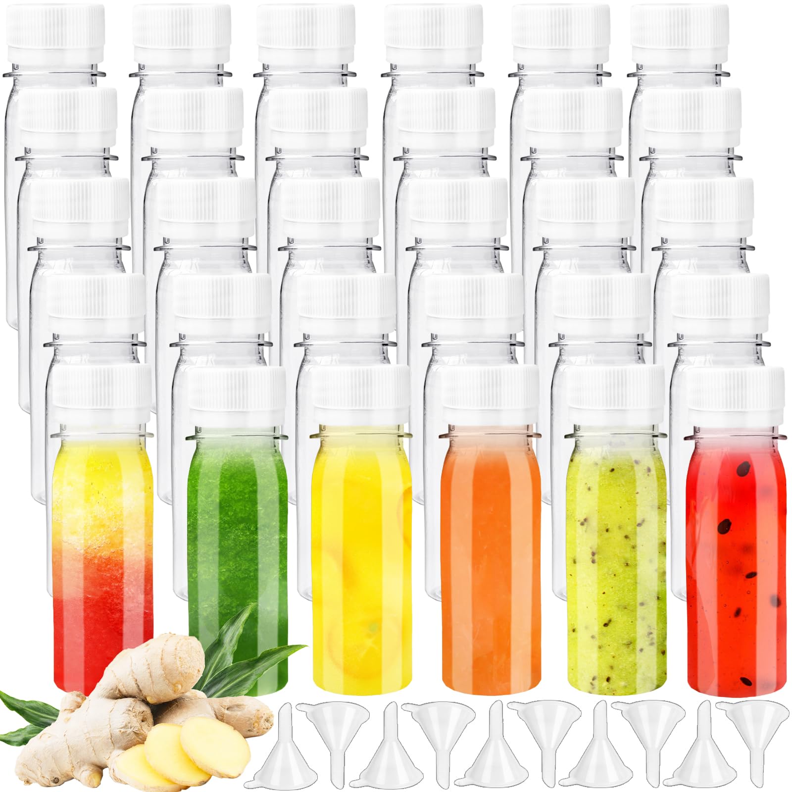30 Pcs 2oz Small Plastic Shot Bottles with White Caps,Round Juice Bottles with 10 Funnels,Reusable Clear Beverage Containers for Drink Milk Beer
