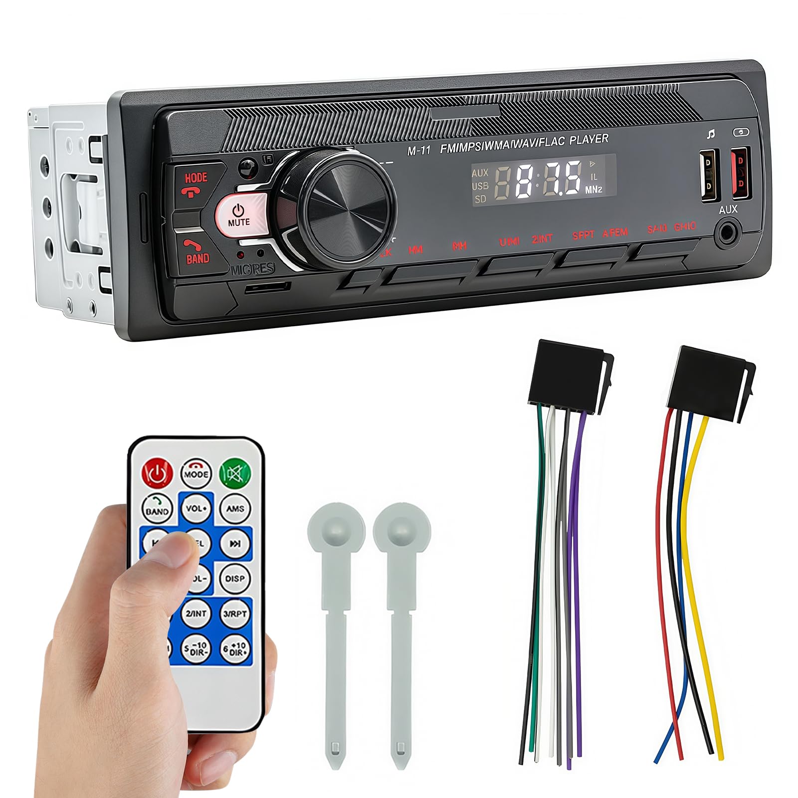 NK Auto Radio Coche - 1 DIN - 4x40W - Bluetooth 5.0, Función AUX, Reproductor MP3 Y X2 USB, FM Sonido Estéreo, Llamadas Manos Libres, Mando Para Control Remoto, Pantalla LCD, IOS & Android (eMark