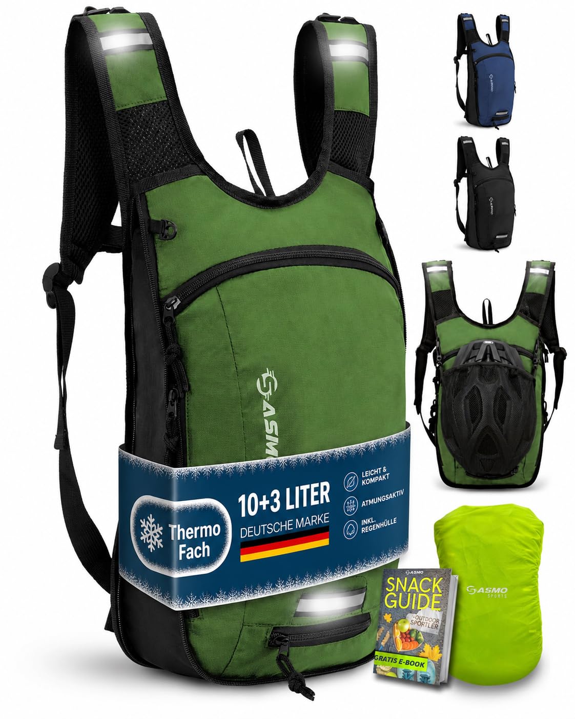 SASMO® Fahrradrucksack & Skirucksack 6L / 8L / 10+3L / 14+3L mit Thermofach, Helmnetz & Regenschutz | Ultraleicht - MTB Rucksack Herren & Damen | Kleiner Fahrradrucksack Herren & Damen