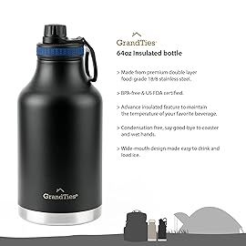 GRANDTIES 2 Lids Sports Stainless Steel Water Bottles - Wide Mouth Vacuum Insulated Reusable Leak Proof BPA-Free Travel Metal Canteen, Thermal Bottles for Men Women Gym (Midnight Black 64 oz)