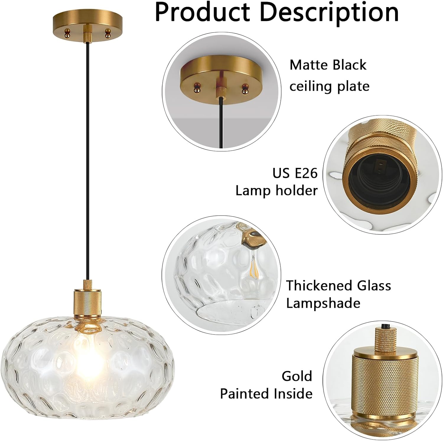Glass Pendant Lights Kitchen Island 12 Inch Adjustable Pendant Light Fixtures with Hand-Blown Hammer Glass Farmhouse Hanging Light for Kitchen Sink Dining Room Bedroom Hallway