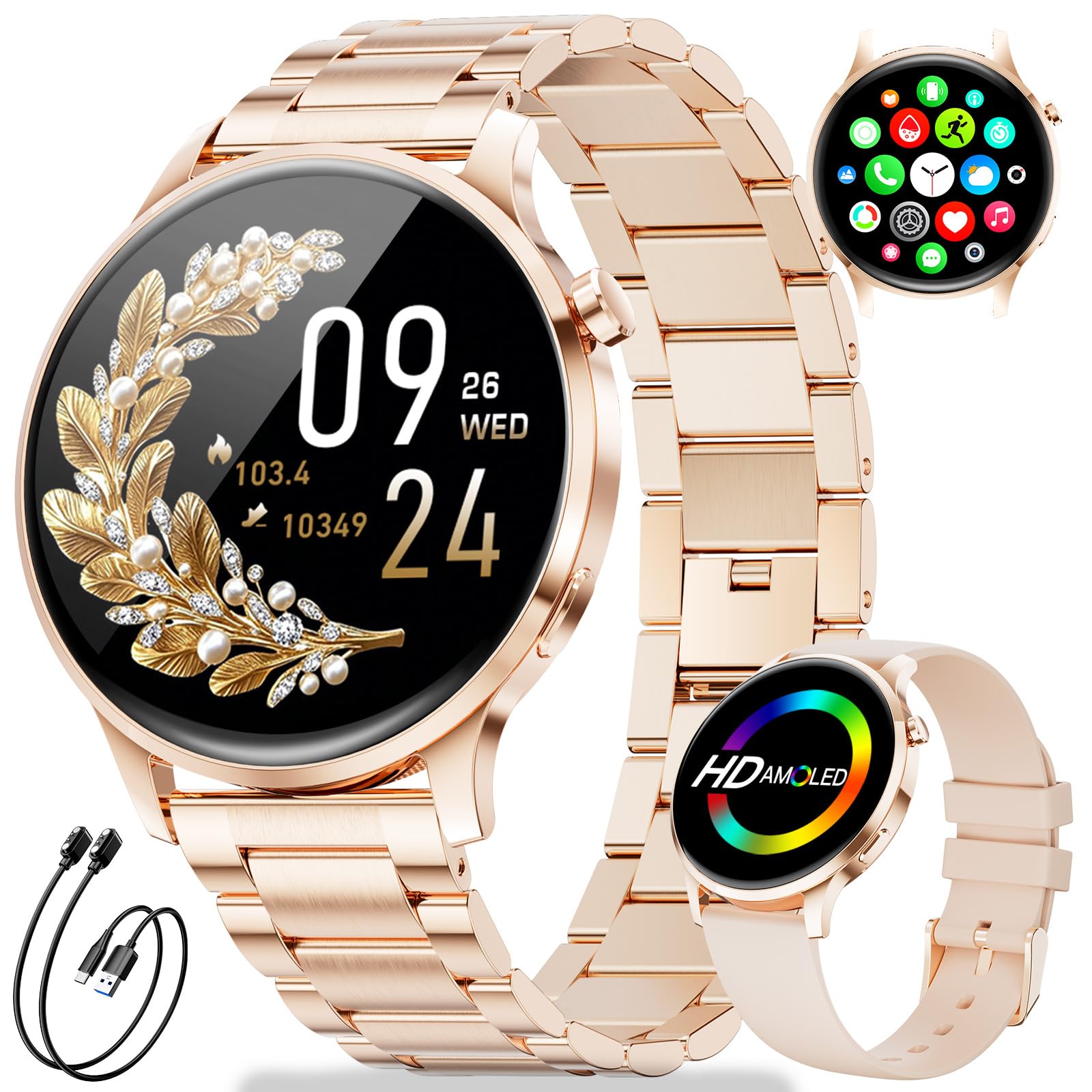Smartwatch Donna, Display AMOLED 1,32" Ultra-sottile, Chiamate Bluetooth, IP68 Impermeabile, 116 Modalità Sport, Monitoraggio del Ciclo/Frequenza Cardiaca e Sonno, 2 Cinturini + 2 Cavi Inclusi, FV23-A