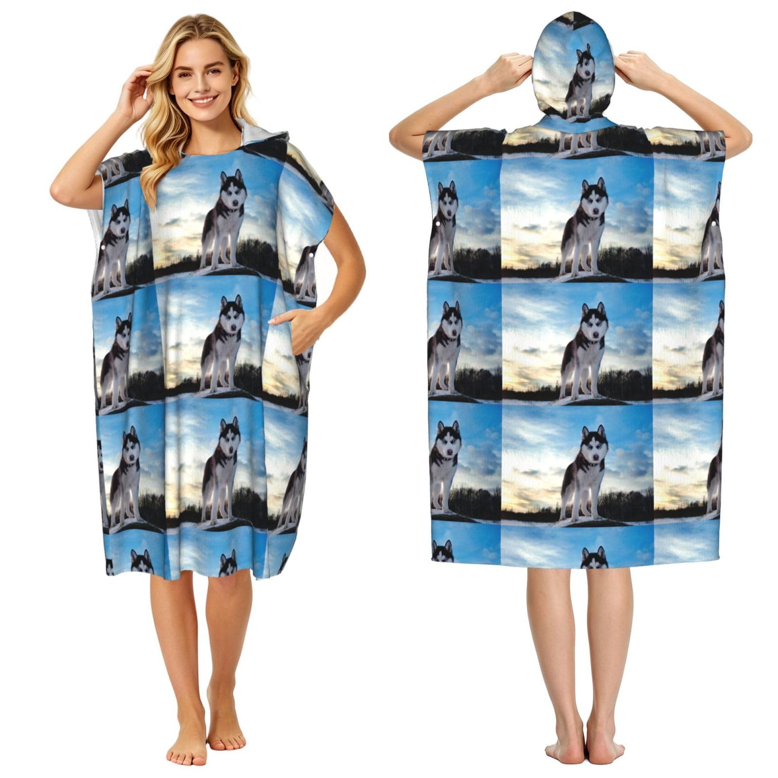 Poadnly Siberian Husky, Adult Hooded Beach Towel 90 x 110 cm,Changing Bath Robe, Surf Poncho Towel For Women Men