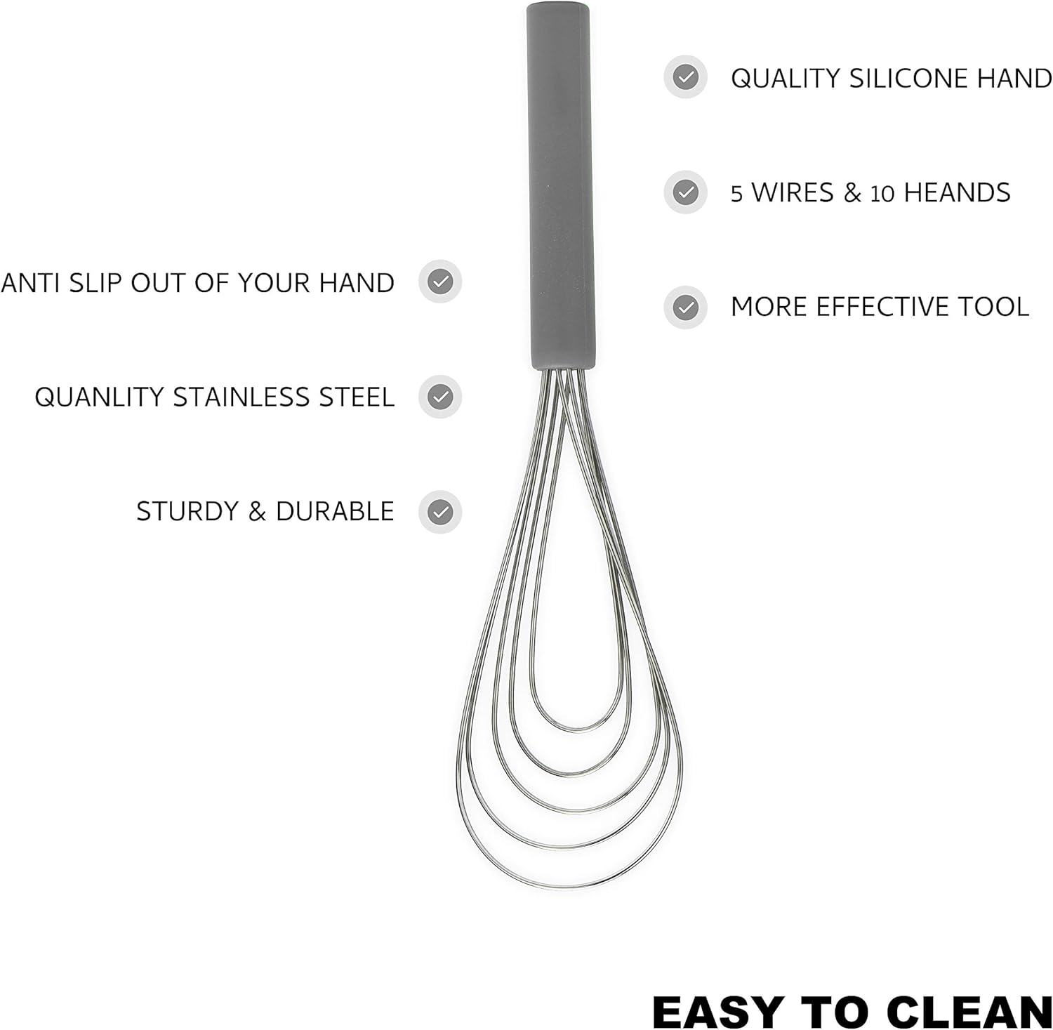 Flat Whisk Silicone Handle Non Slip 10" - 5 Wires Whisk with 10 Heads for Kitchen Cooking by Jell-Cell (Grey) - Image 4