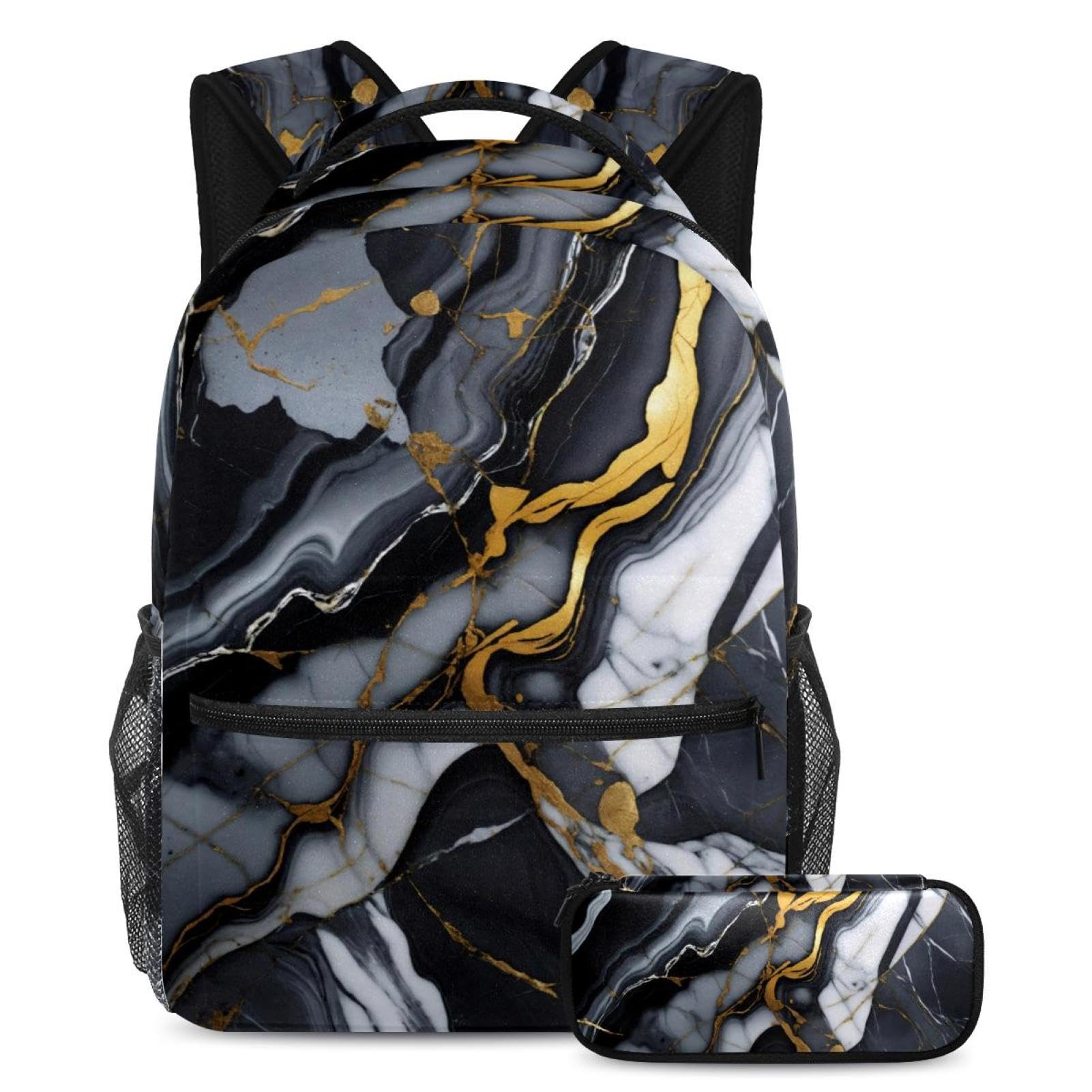 Ensemble sac à dos marbre noir et trousse pour école - 7