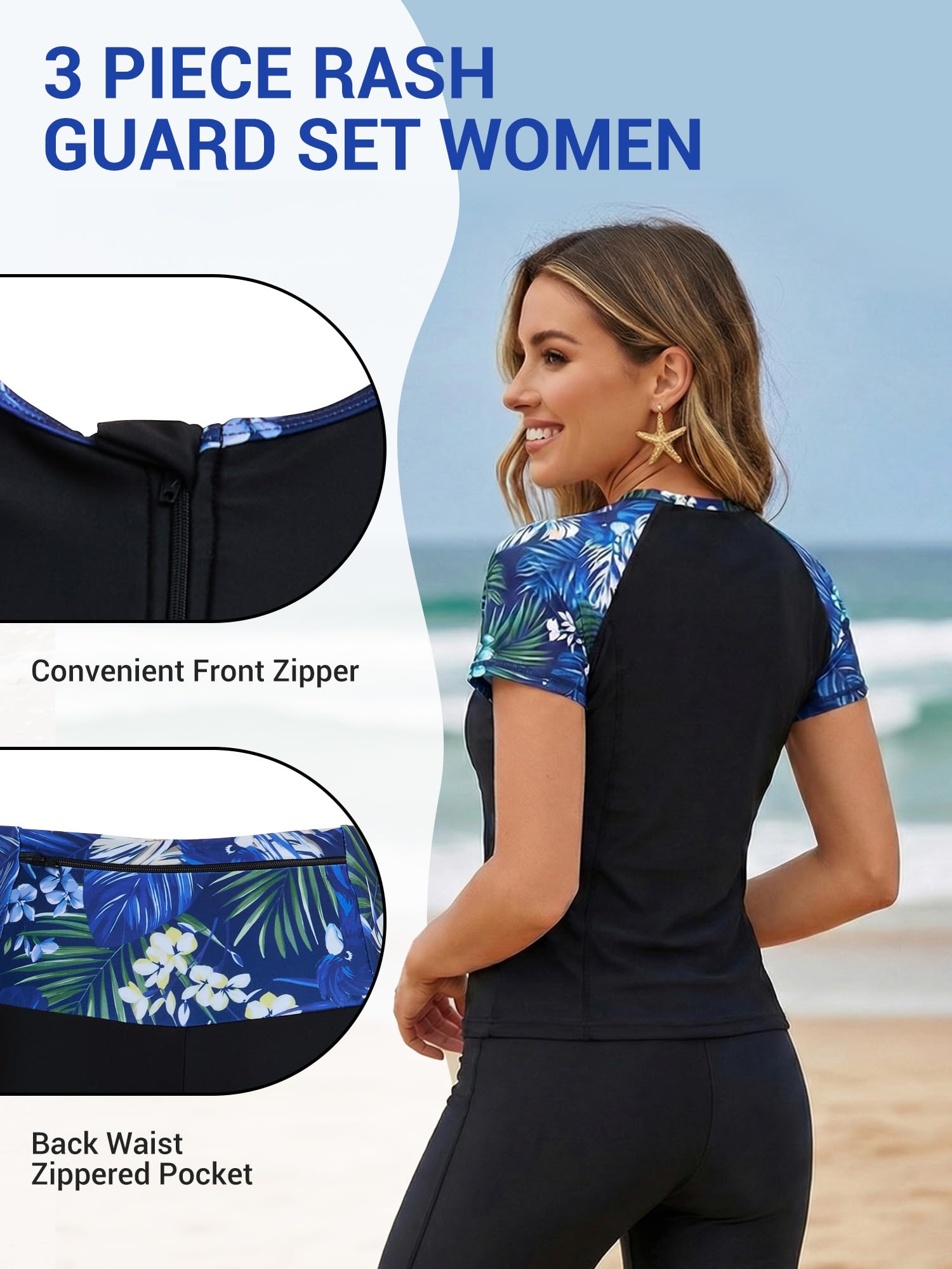 Owntop Rashguard Set da donna 3 pezzi – Maglietta a maniche corte con canotta e costume da bagno, asciugatura rapida, con protezione UV per spiaggia, nuoto, sport acquatici