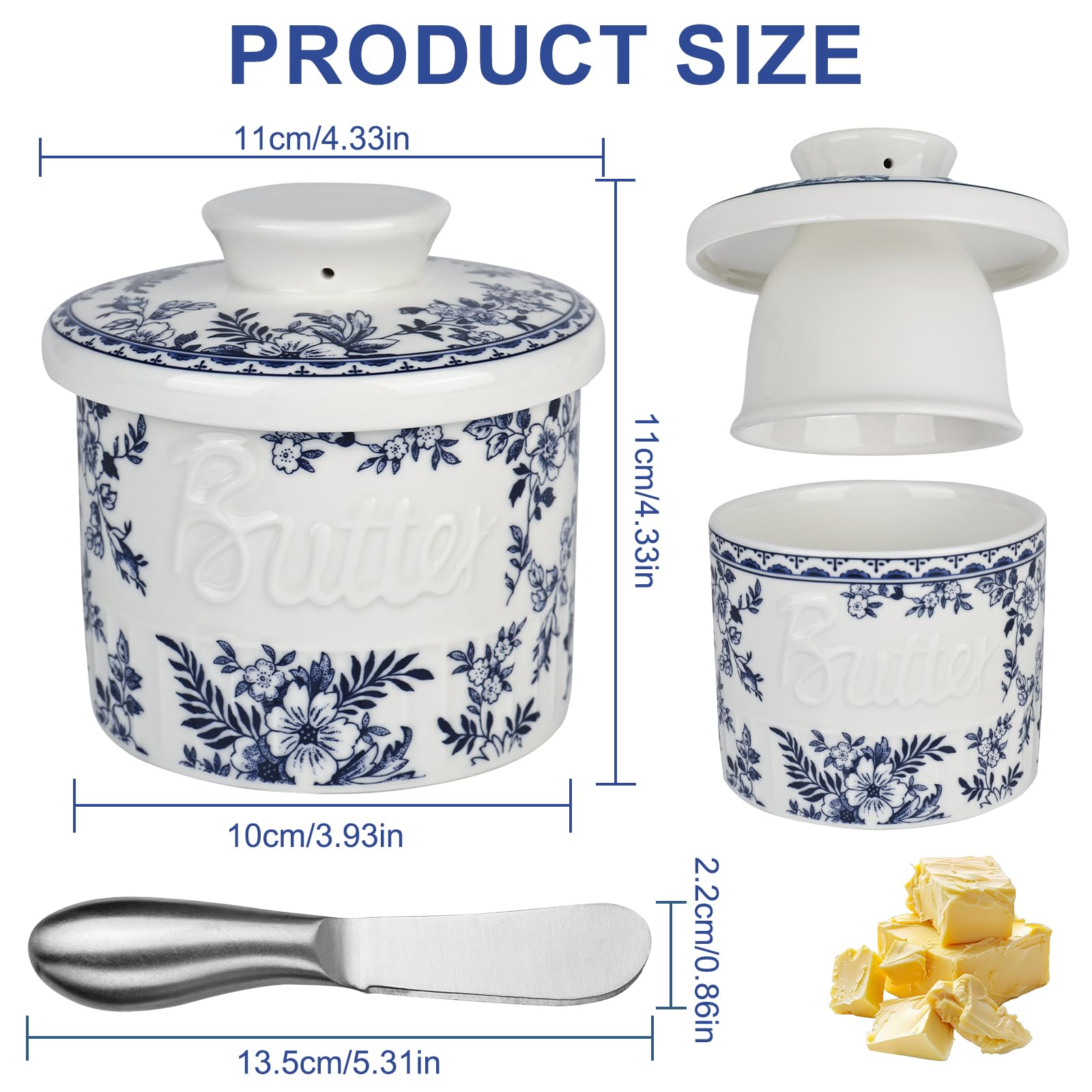 Porcelanowa miska na masło z nożem do masła, francuska miska na masło z pokrywką, chłodzona wodą miska na masło z linią wody do przechowywania świeżej, miękkiej, gotowej do spożycia maśliny