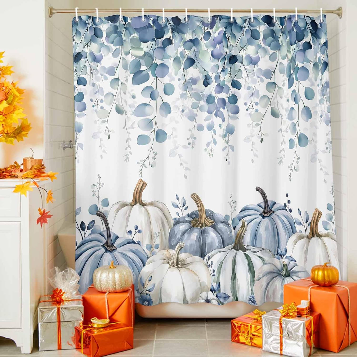 JasmineM Fall Blue White Pumpkin Fabric Shower Curtain Set, Thanksgiving Eucalyptus Leaves Funny Shower Curtains for Bathroom with Hooks, Washable Waterproof Bath Decor Accessories 36x72 Inch
