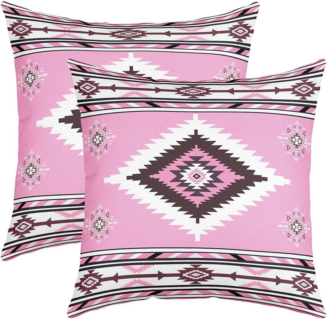 Feelyou Southwestern Geometric Reversible Throw Pillow Covers 20 x 20-Inch Boho Pink Pillow Covers Home Decor for Indian Tribal Geometry Square Cushion Covers Set of 2 Retro Exotic Boho Mult