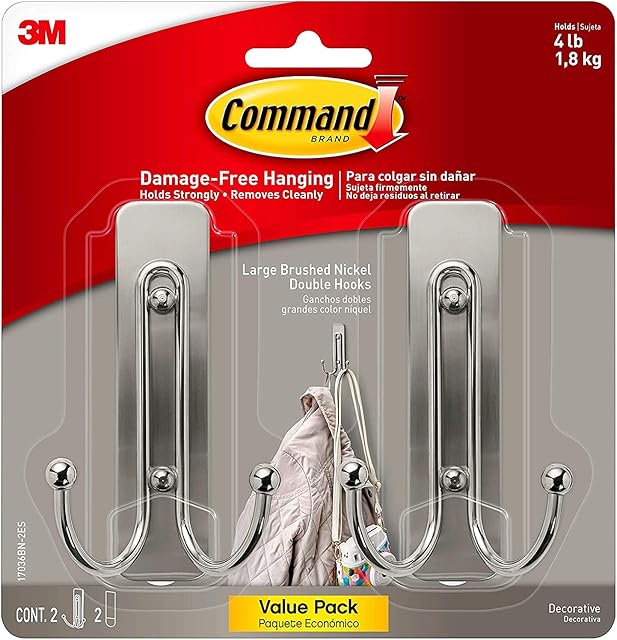 Command Large Wall Hooks, Damage Free Hanging Wall Hooks with Adhesive Strips, No Tools Double Wall Hooks for Hanging Decorations in Living Spaces, 2 Brushed Nickel Plastic Hooks and 2 Command Strips