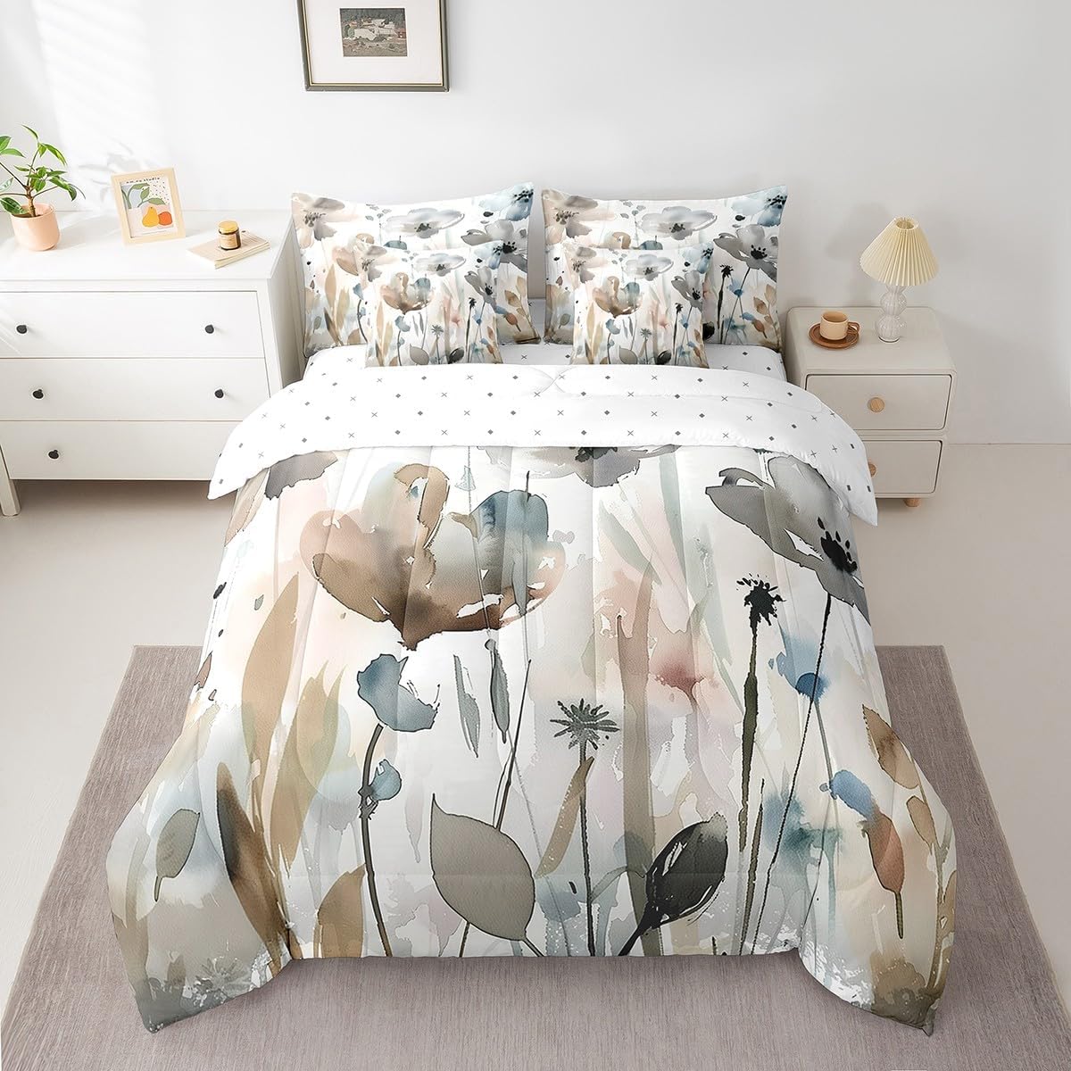 Erosebridal Red Farmhouse Flower Bedding Set Full Spring Bee Geranium 7 Piece Bed in A Bag Rustic Blossom Floral Comforter Set Green Leaf Bed Set with Comforter,Sheets Pillow Case and Covers