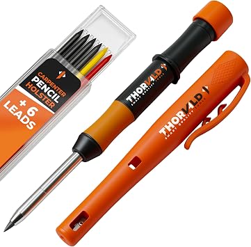 THORVALD New Carpenter Pencils with Holster for Construction - Incl. 7 Leads + Sharpener - Solid Mechanical Pencils with Fine Point/Best Marking tools Construction/Carpenters/Scriber