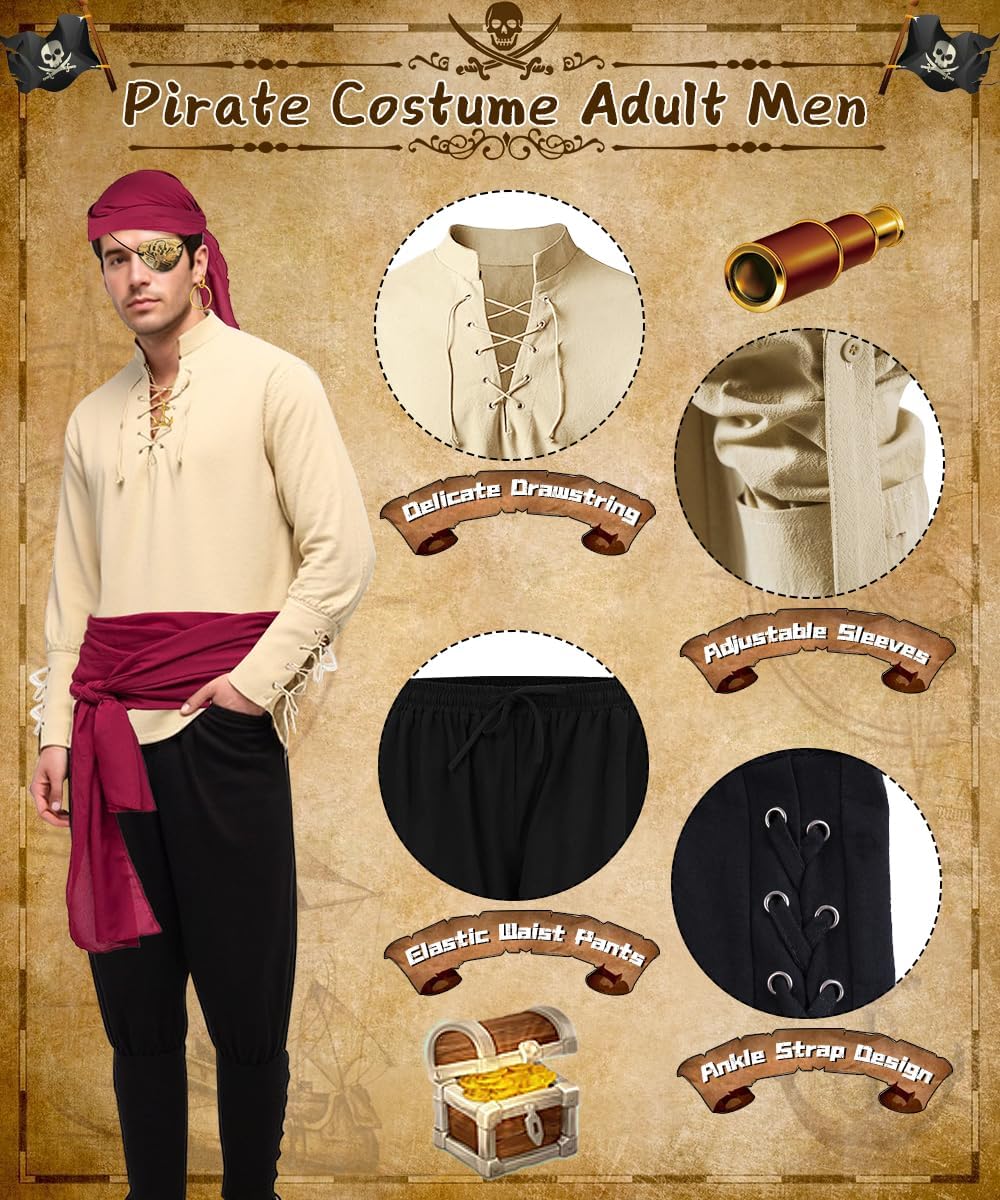 TOLOYE Pirate Costume Men, Medieval Pirate Shirt Pants with Accessories, Pirates Outfit Dress Up for Cosplay Party - Image 2