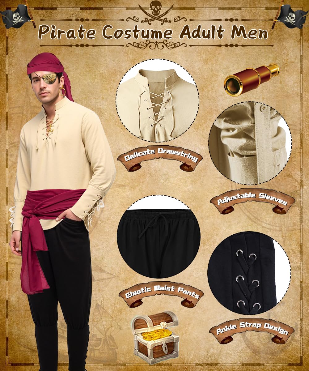 Deguisement Pirate Homme, Robe Médiévale avec Accessoires de Pirate, Costume Carnaval Homme avec Chemise Pantalon Médiévale, Costume Pirates pour Halloween Cosplay Fête