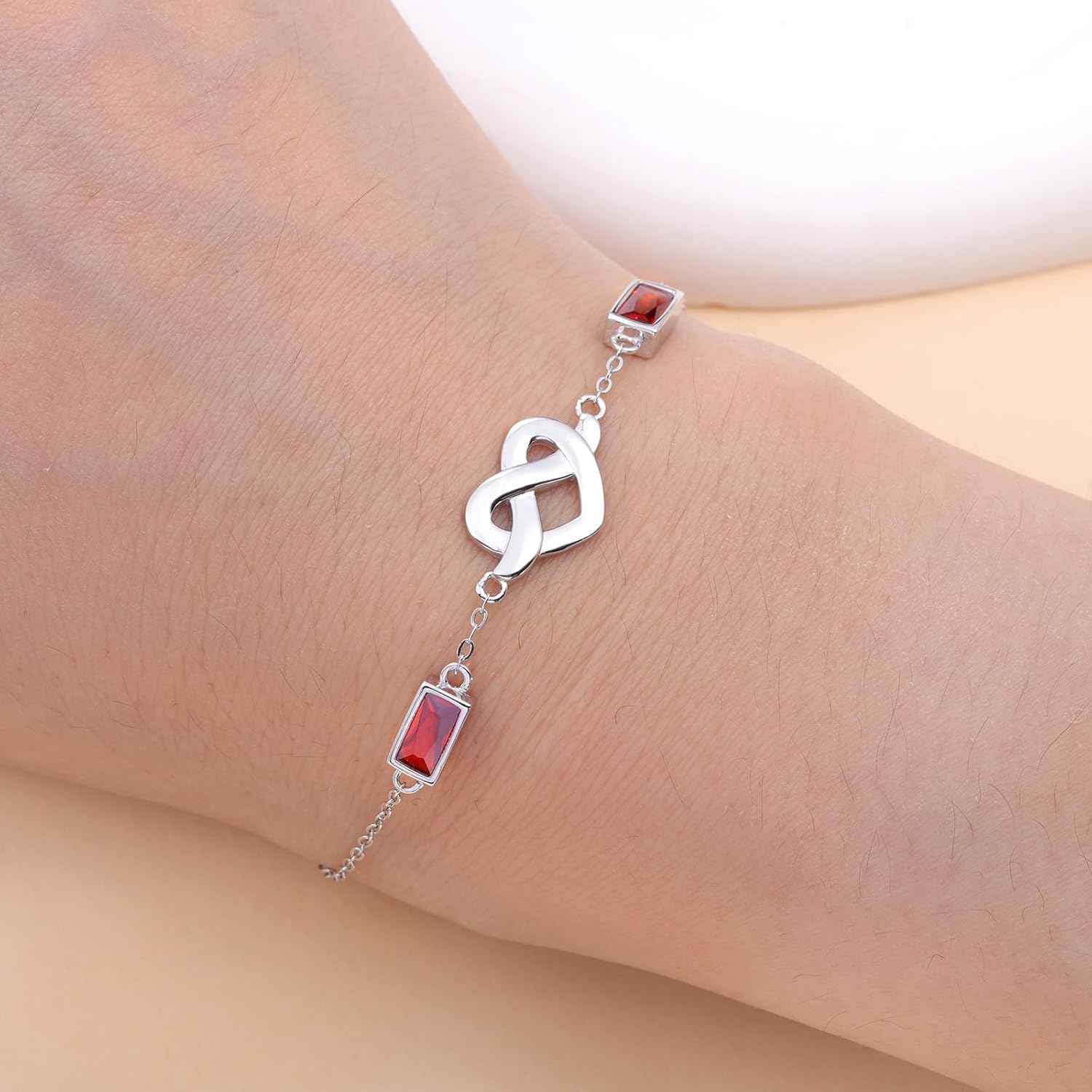 Love Knot Birthstone Bracelet for Women: 925 Sterling Silver Double Birthstone Bracelets Heart Knot Adjustable Link for Mother Wife Christmas Birthday Mother's Day Jewelry Gifts