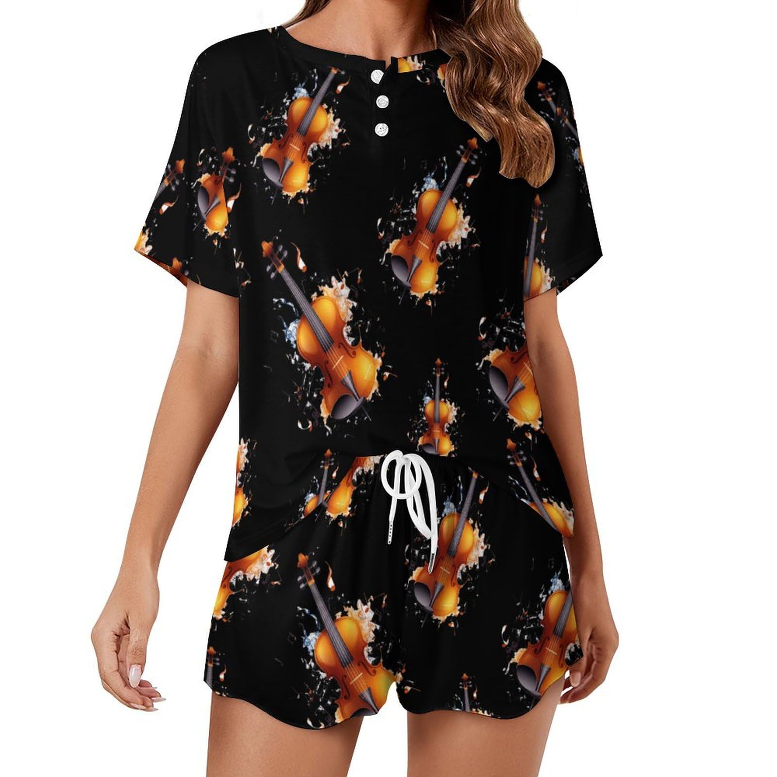Violin Music Note Short Sleeve Pajama Set for Women 2 Piece Lounge Sets Soft Round Neck Top And Shorts Sleepwear