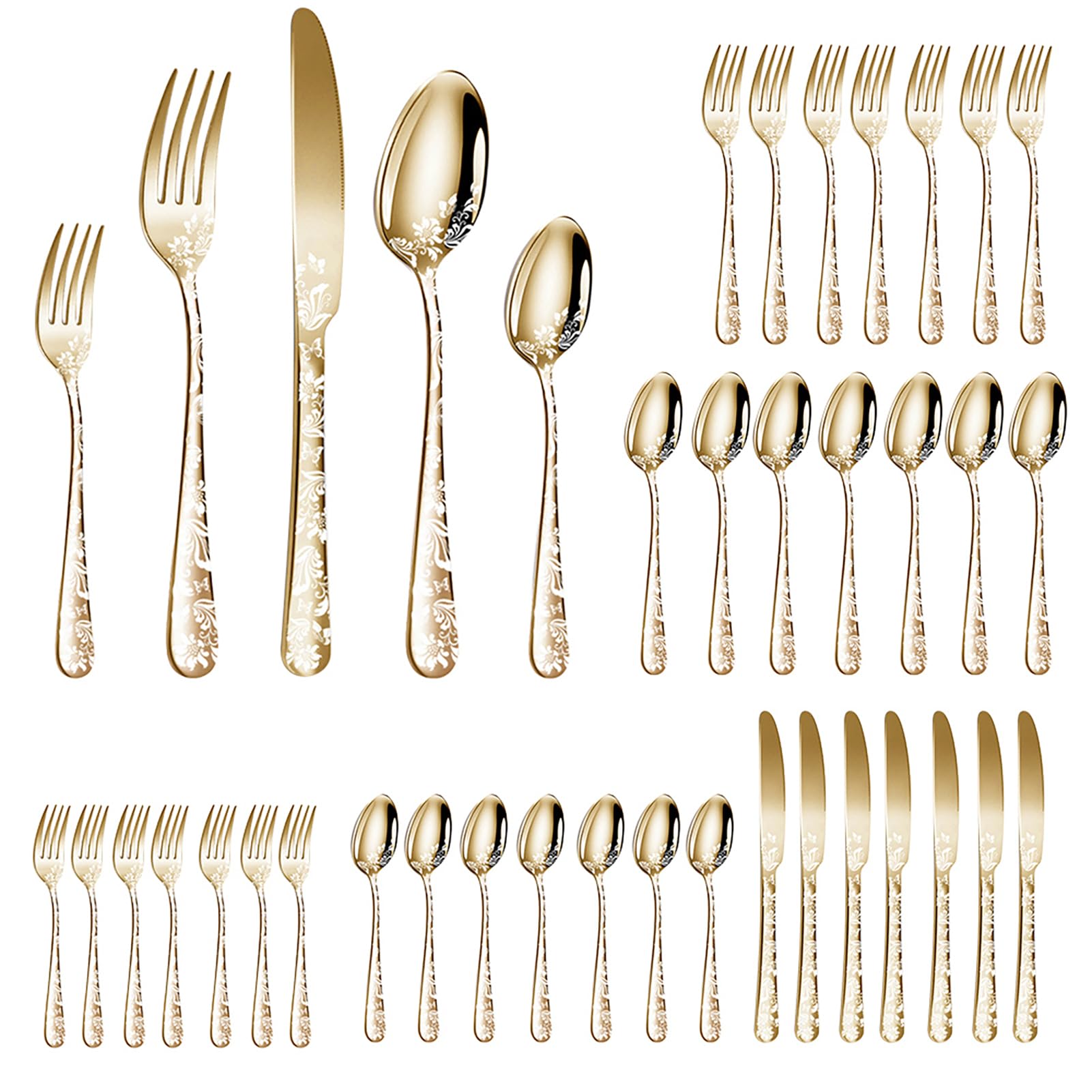 Walmeck JUEGO DE CUBIERTOS DE ACERO INOXIDABLE CUBIERTOS PULIDO ESPEJO 40PCS PARA COCINA RESTAURANTE FIESTA (Oro)
