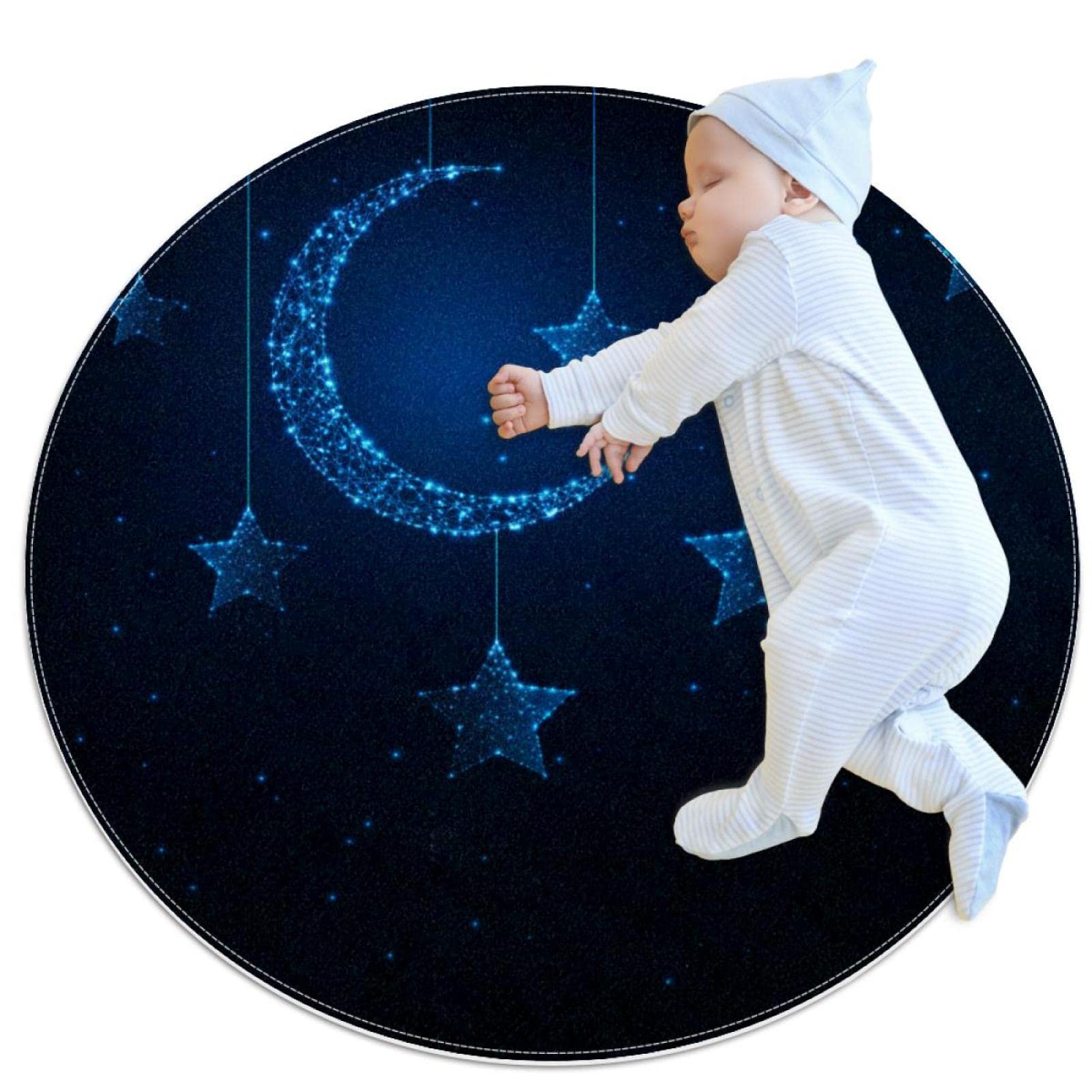 Tapis rond 70cm motif nuit étoiles lune au design doux pour étude