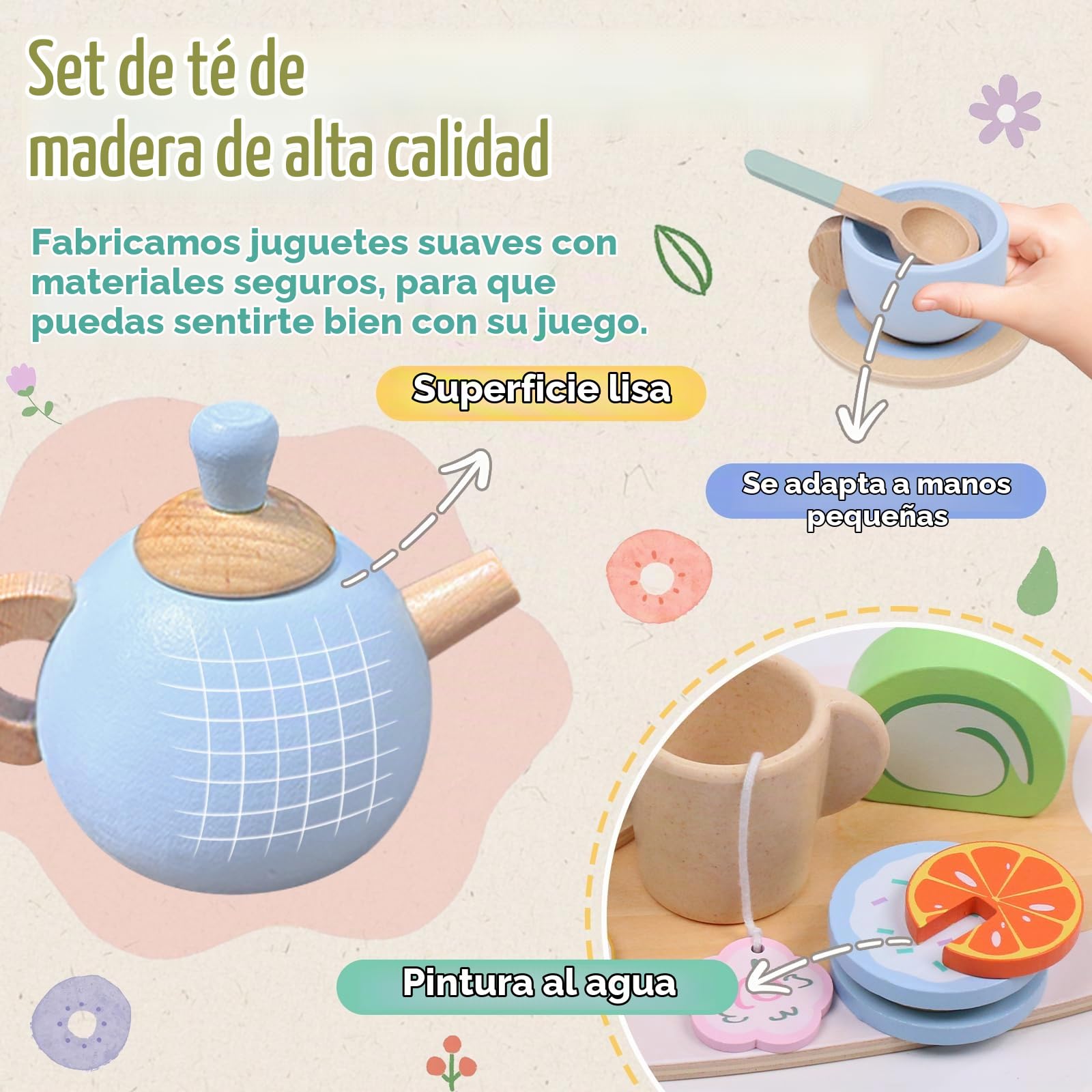 Juego de Té de Madera para Niñas, 30Pcs con Postre Comida y Tetera, Juguetes de Cocina para Juegos de rol, Regalo Infantil para Niña 3 4 5 6 7 Años