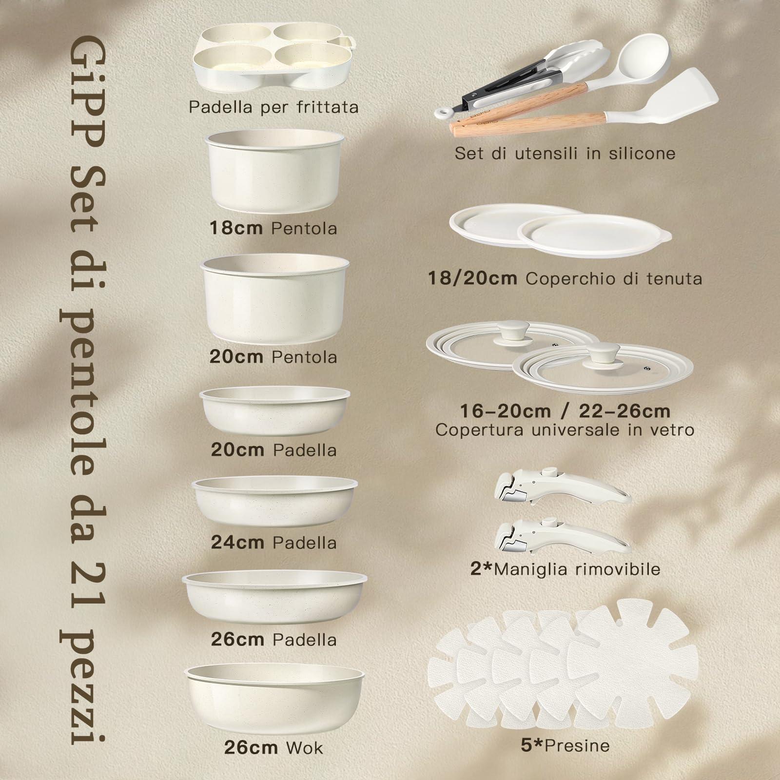 Set Di Padelle Antiaderenti GiPP Da 21 Pezzi per Camper, Bianco | Manico Staccabile, Compatibili Con L'Induzione, Padelle Per Friggere E Salse In Vetro, Adatto ai Fornelli a Induzione