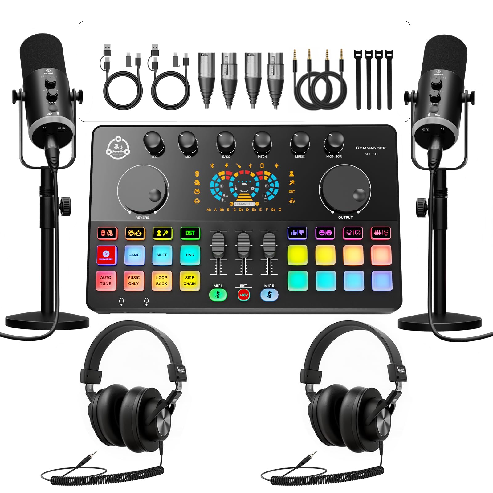 Photo 1 of Podcast Equipment Bundle for 2, Audio Interface with 2 Dynamic XLR/USB Microphones, 2 Desktop Mic Stands and 2 Headphones, RGB, Voice Change for Vocal Recording,Podcasting,Streaming, PC Phone,TikTok