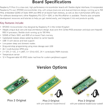 Waveshare Raspberry-Pi-Pico-2-CC, Compatible with Raspberry Pi Pico 2 Microcontroller Board, Based On Official RP2350 Chip, Dual-Core & Dual-Architecture Design, 3 Items